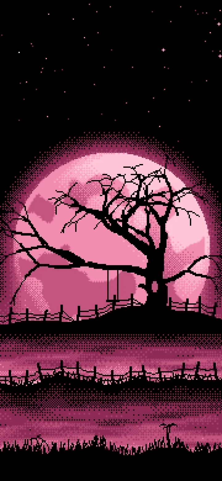 Pink Pixel Art Spooky Tree and Full Moon wallpaper for iPhone and Android