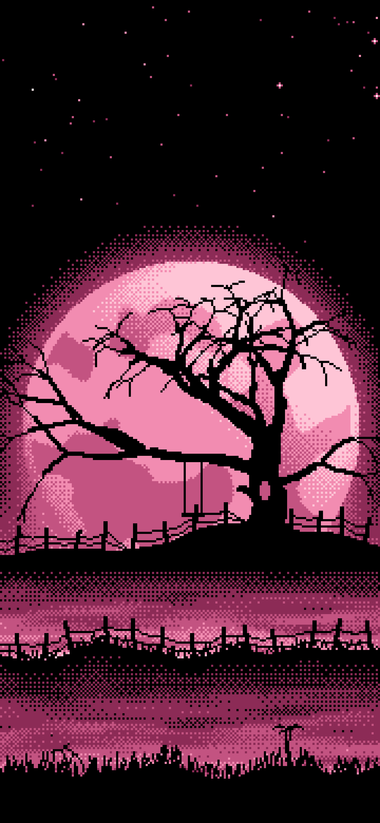 Pink Pixel Art Spooky Tree and Full Moon wallpaper for iPhone and Android