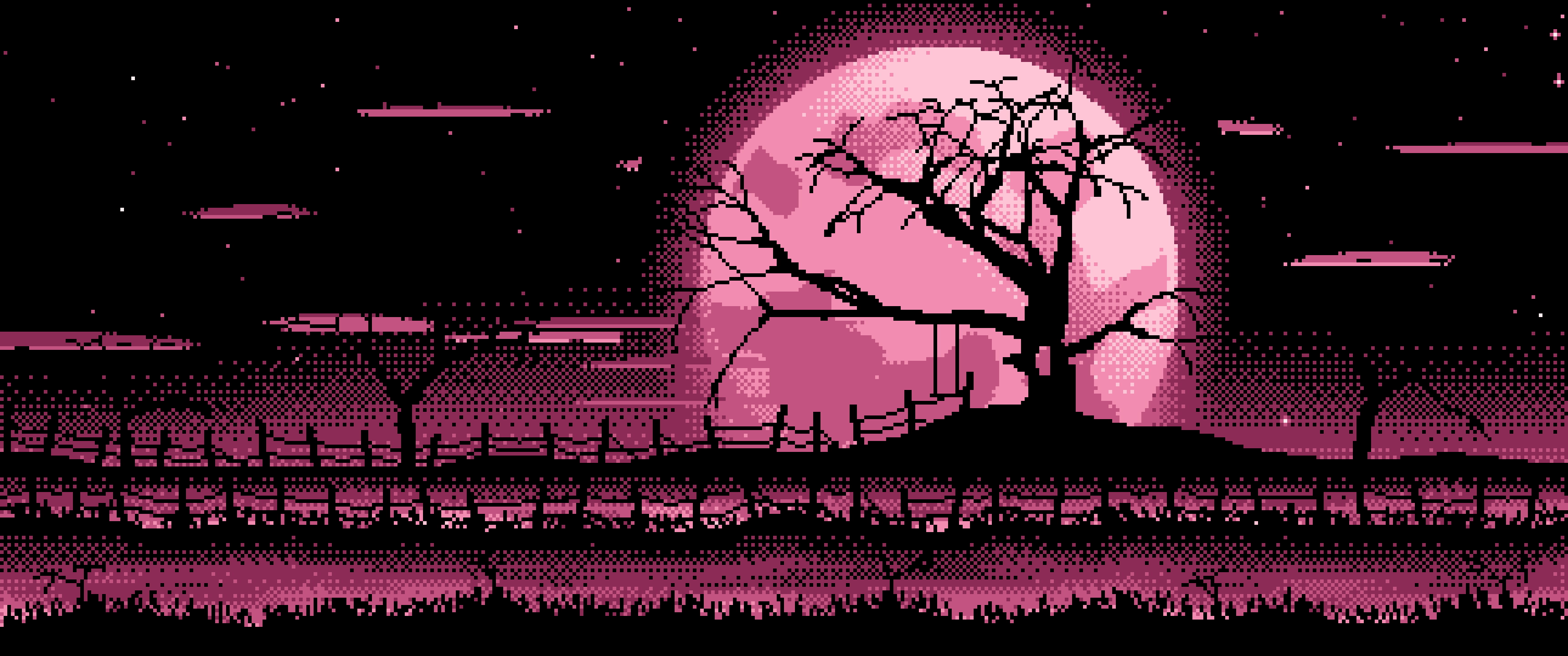 Pink Pixel Art Spooky Tree and Full Moon ultrawide wallpaper, 3440 × 1440