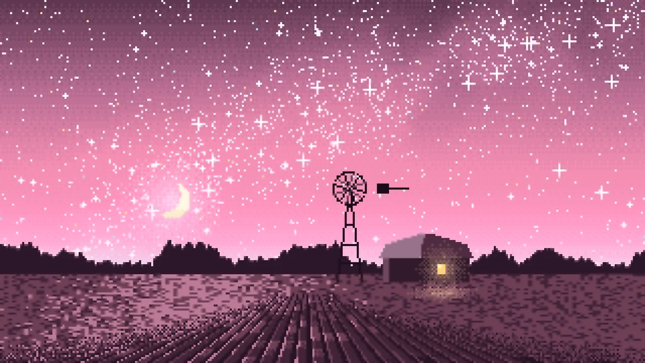Pink Pixel Art Starry Night Sky Over a Field desktop wallpaper in 4K