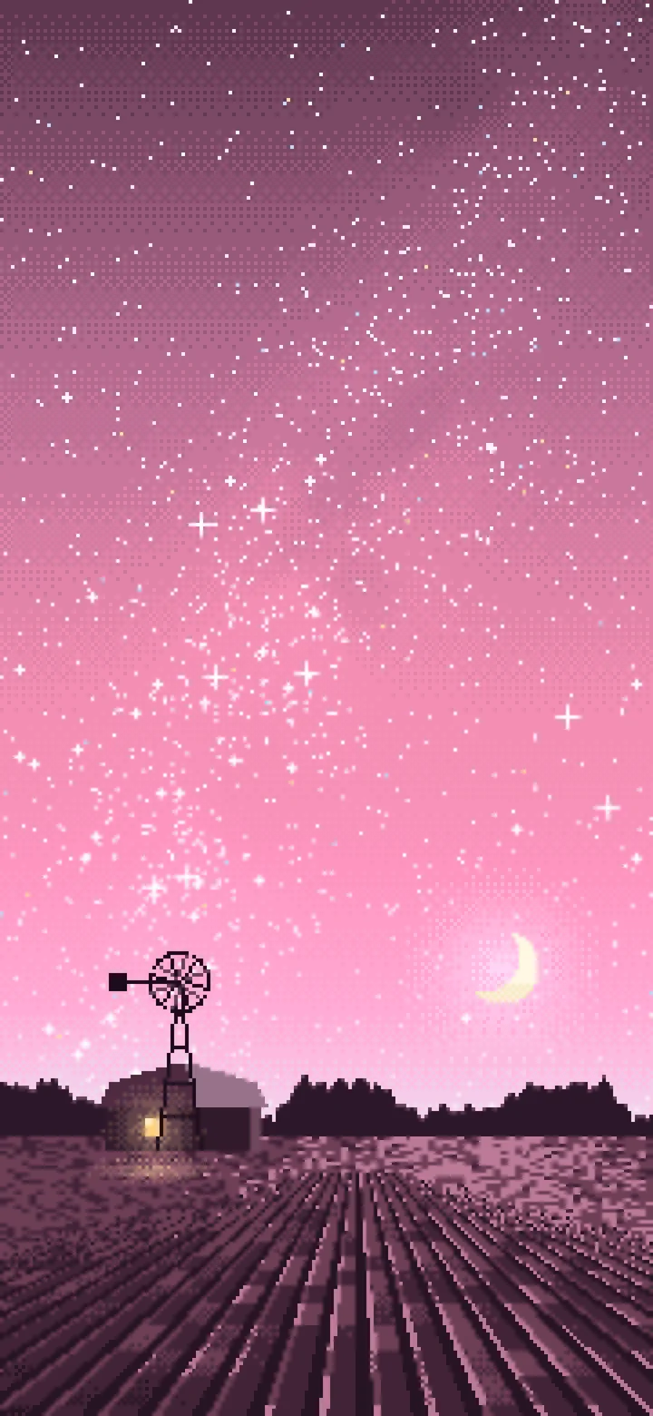 Pink Pixel Art Starry Night Sky Over a Field wallpaper for iPhone and Android