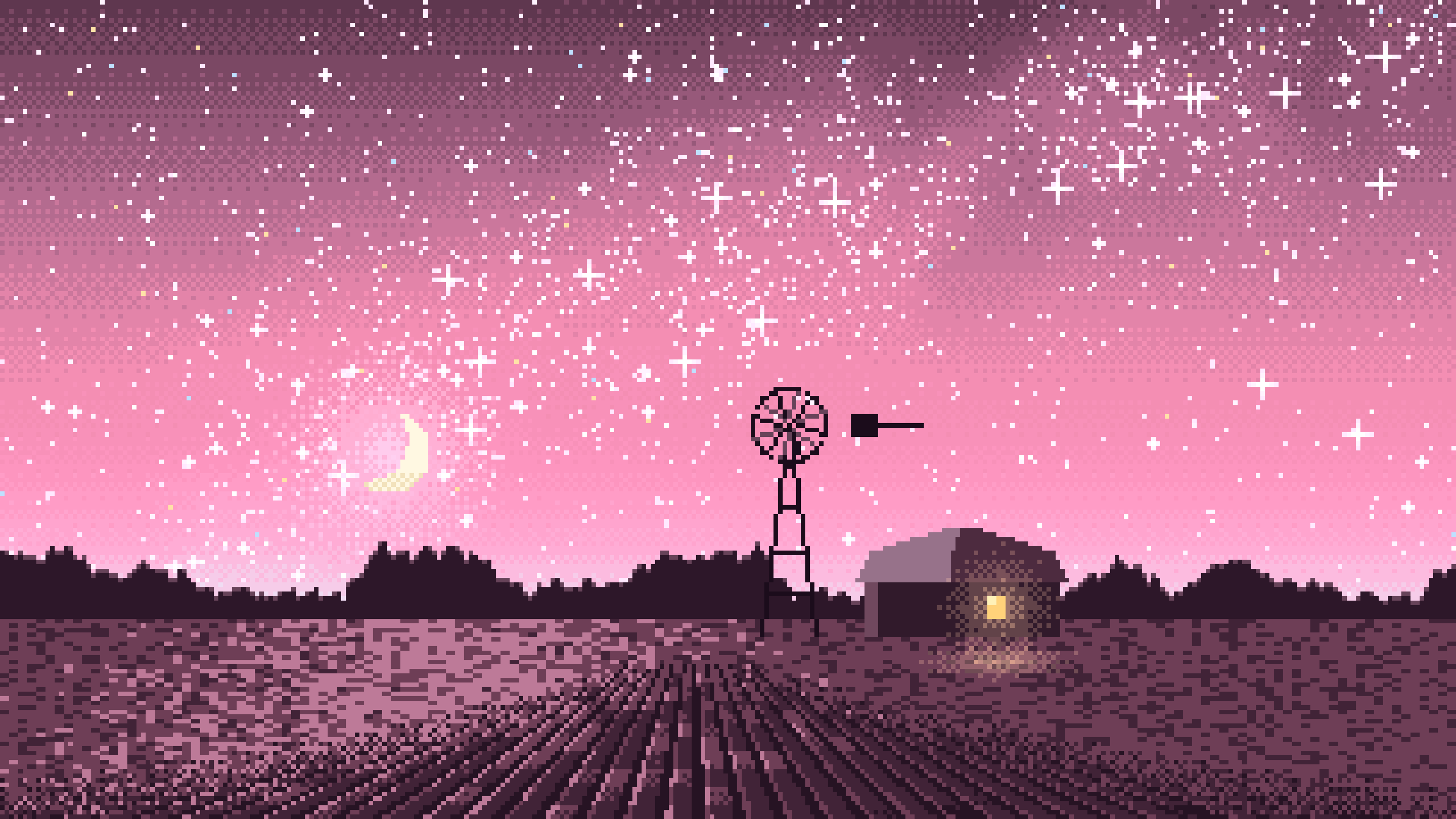 Pink Pixel Art Starry Night Sky Over a Field desktop wallpaper in 4K
