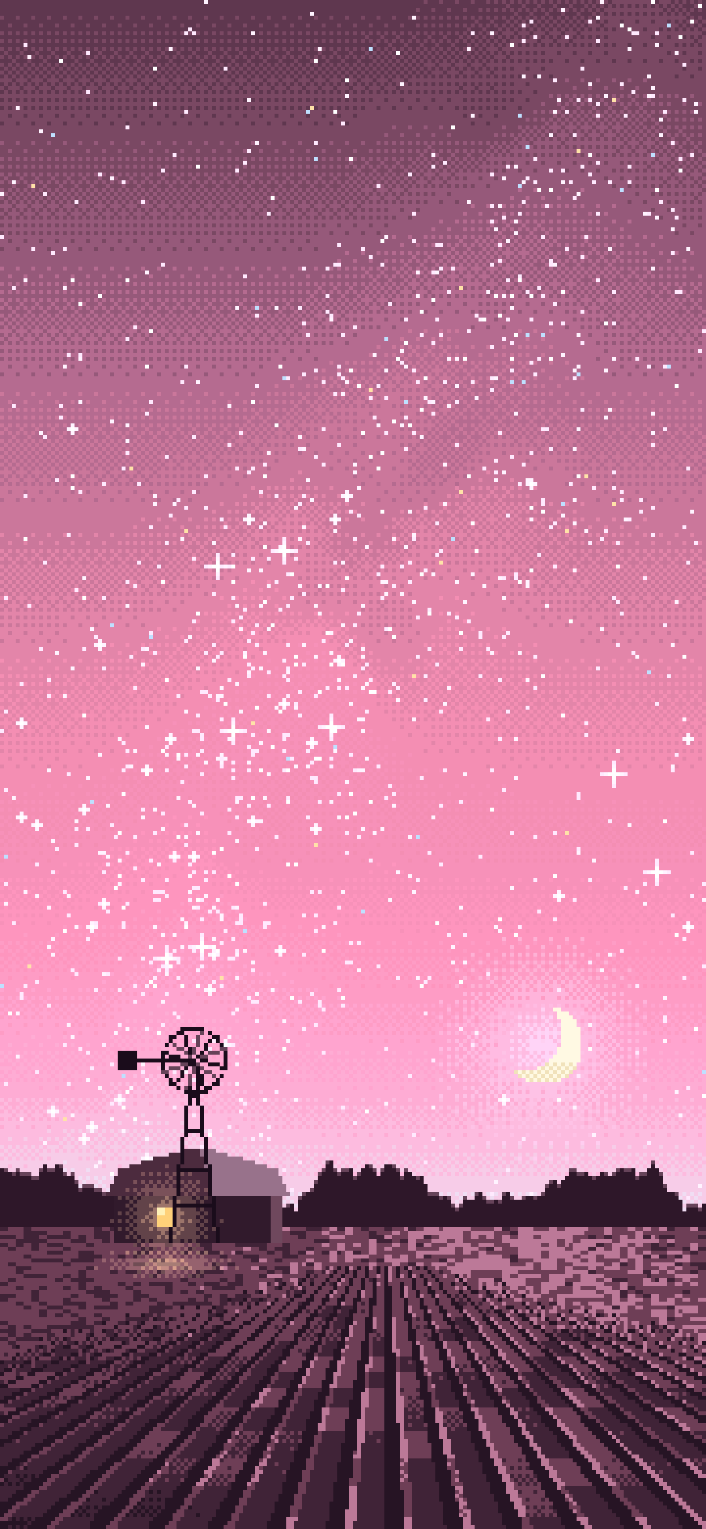 Pink Pixel Art Starry Night Sky Over a Field wallpaper for iPhone and Android