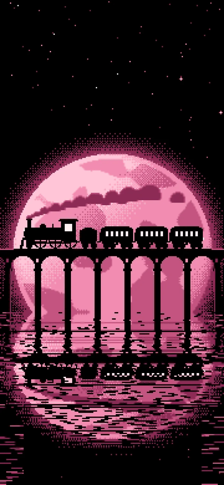 Pink Pixel Art Steam Train and Full Moon wallpaper for iPhone and Android