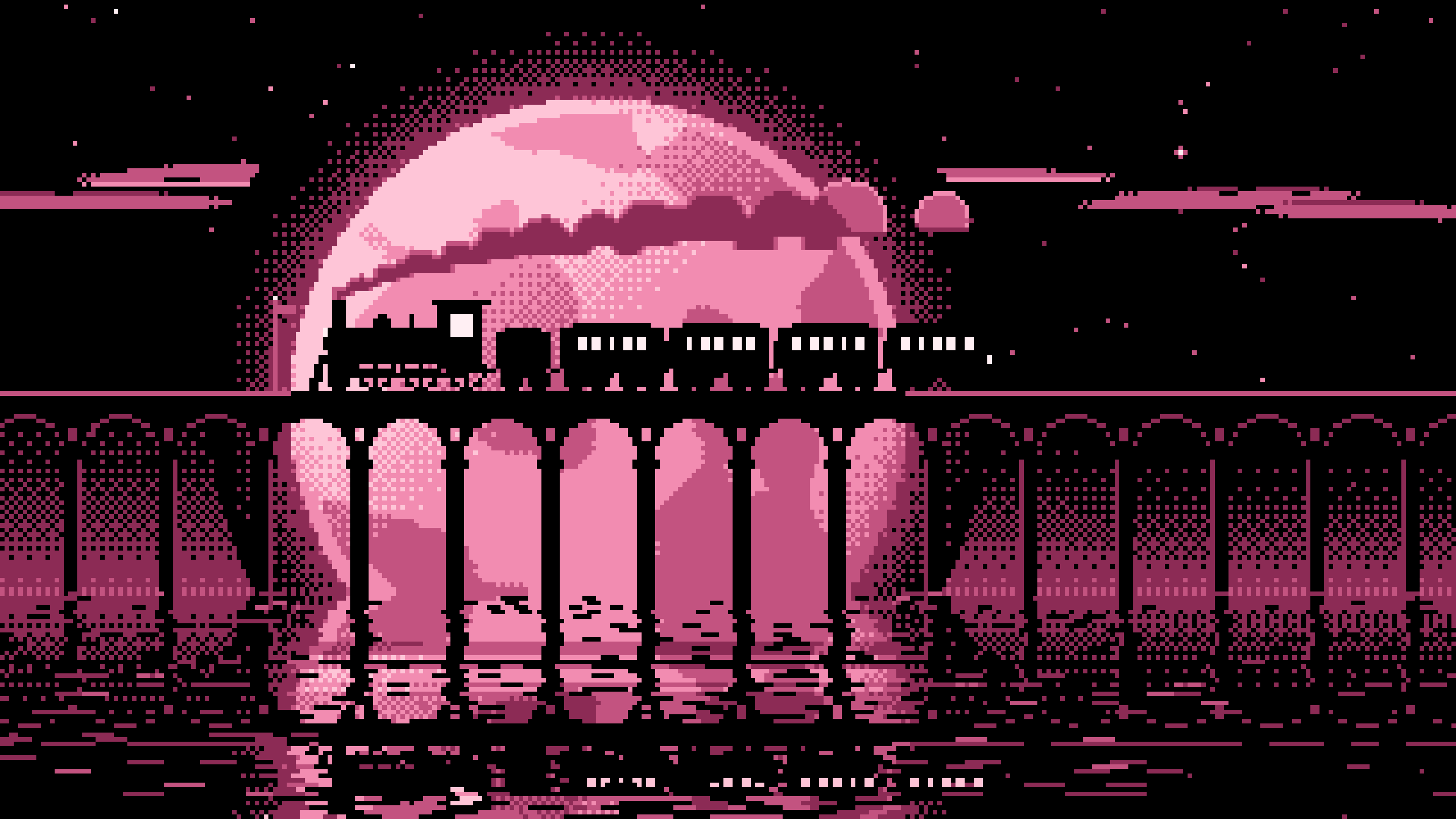 Pink Pixel Art Steam Train and Full Moon desktop wallpaper in 4K