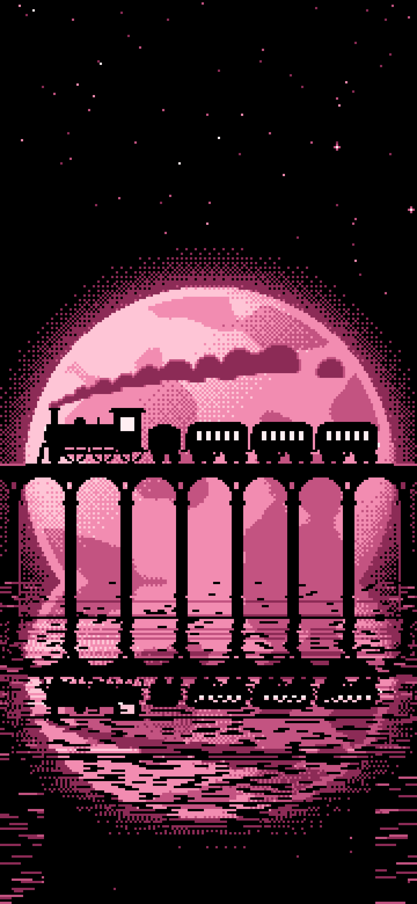 Pink Pixel Art Steam Train and Full Moon wallpaper for iPhone and Android