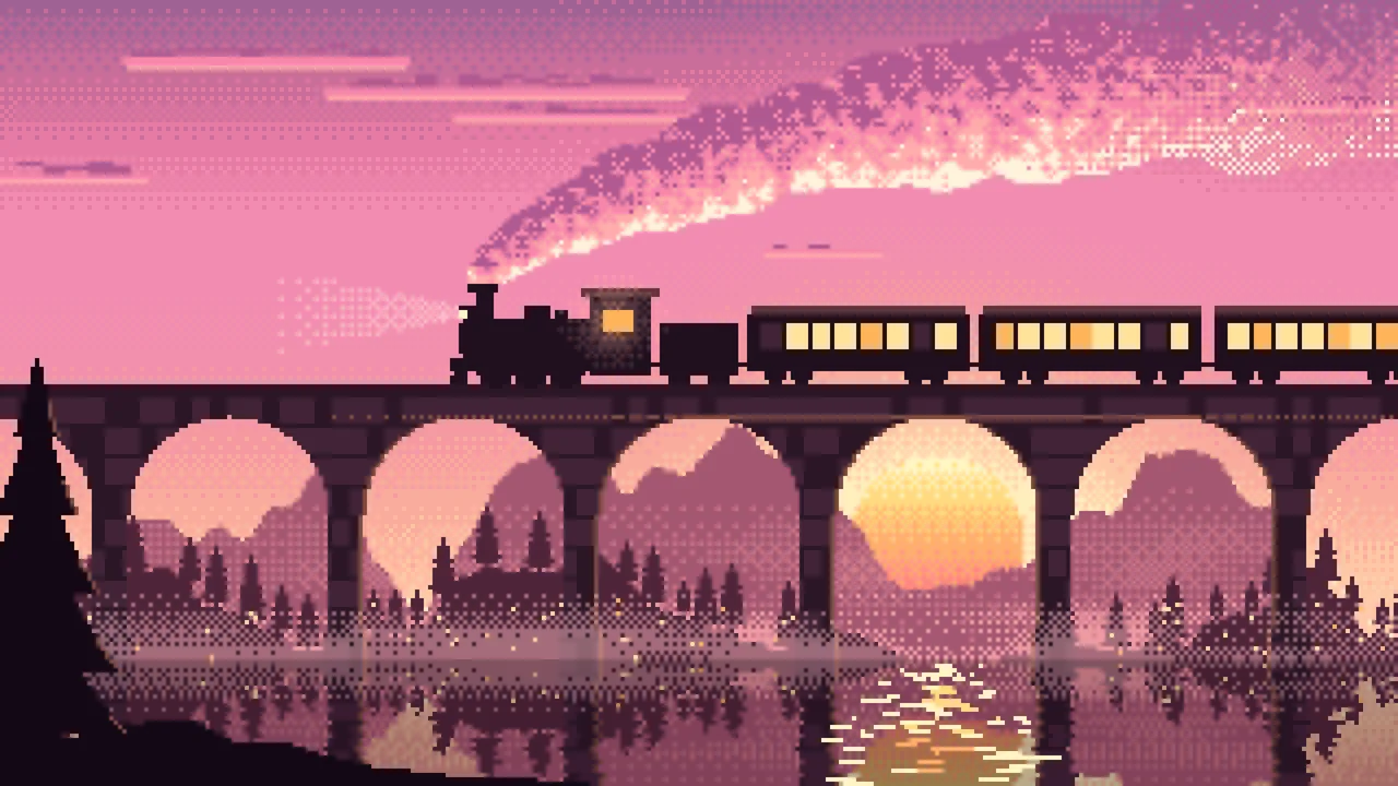 Pink Pixel Art Steam Train on a Viaduct desktop wallpaper in 4K