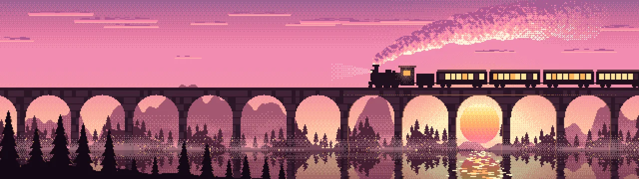 Pink Pixel Art Steam Train on a Viaduct dual monitor wallpaper, 7680 × 2160