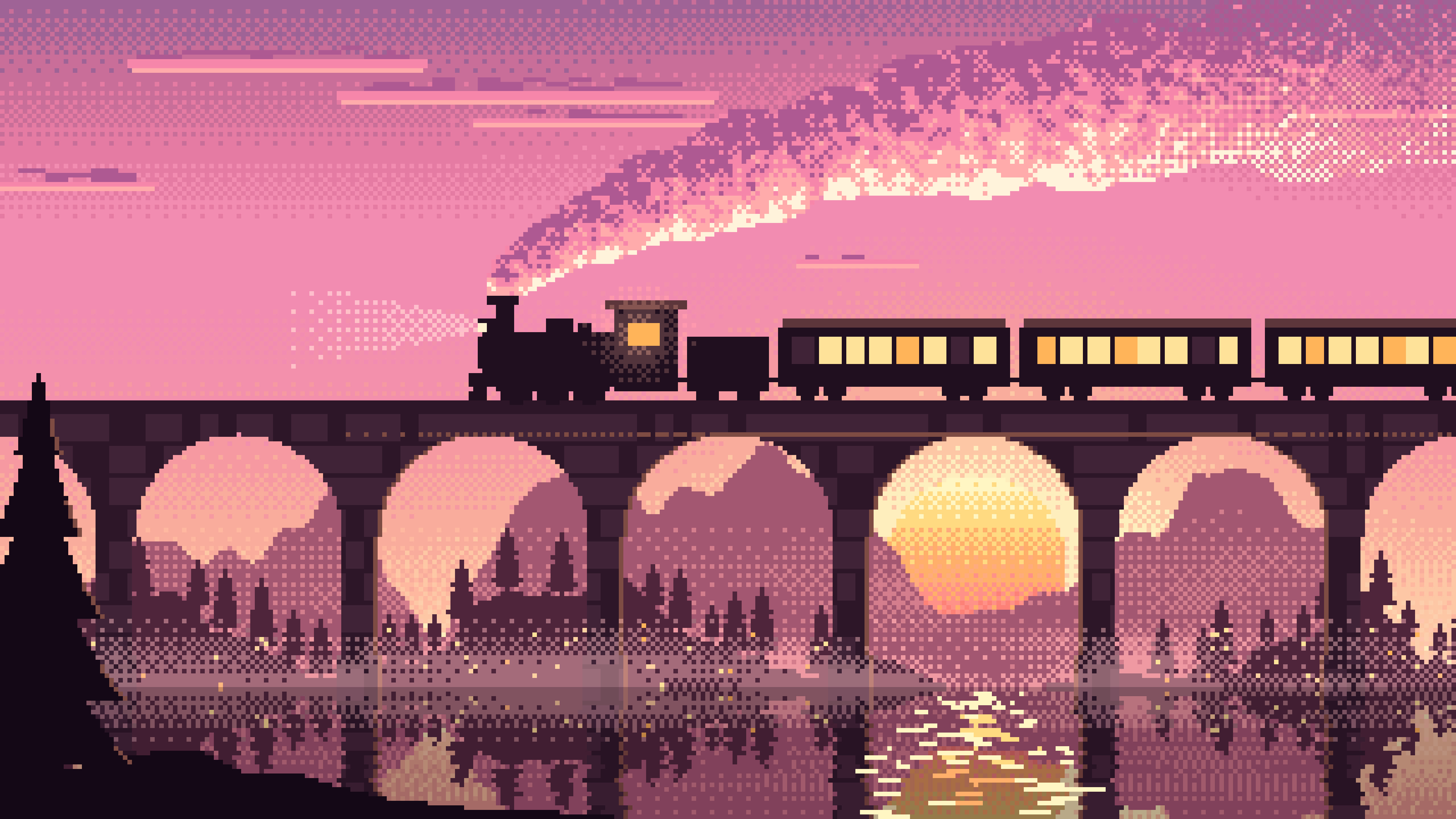 Pink Pixel Art Steam Train on a Viaduct desktop wallpaper in 4K