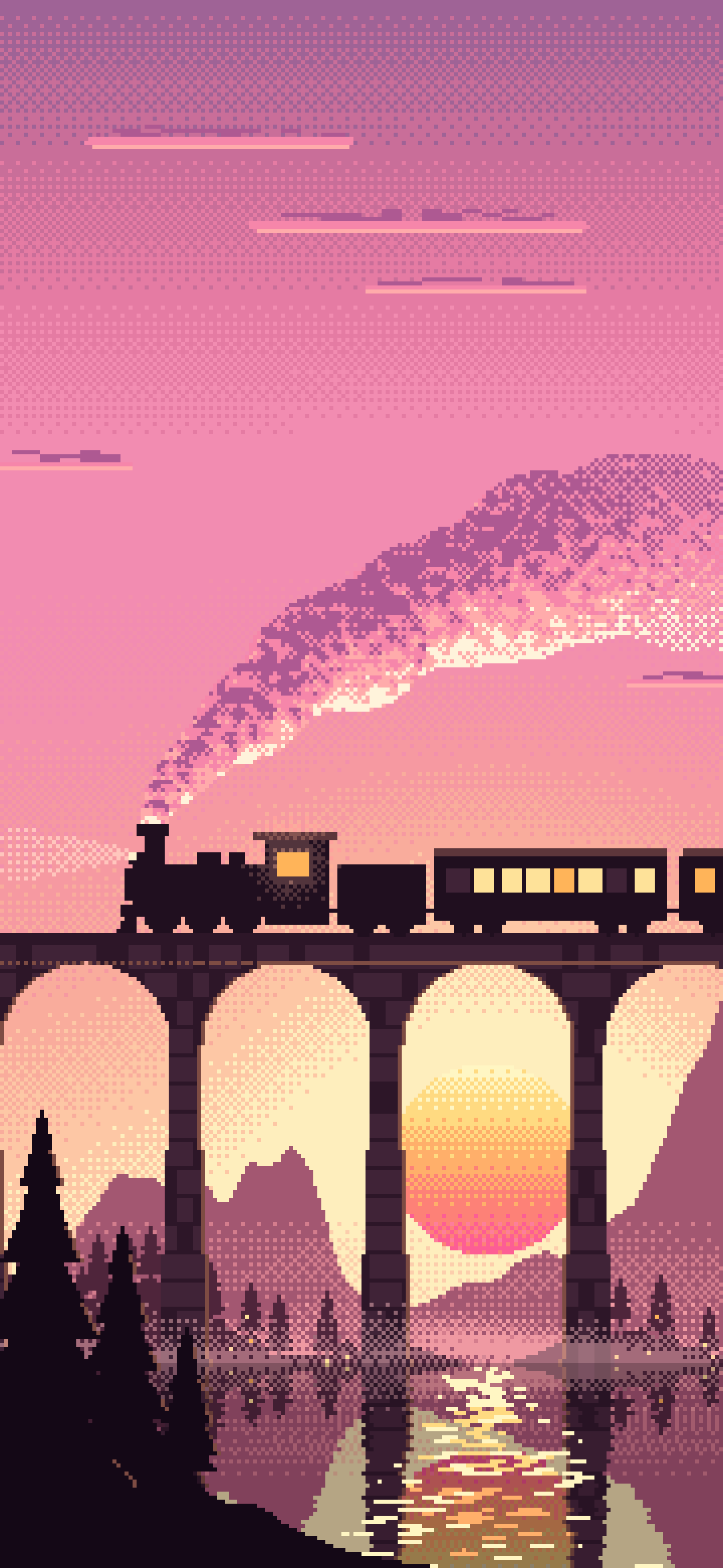 Pink Pixel Art Steam Train on a Viaduct wallpaper for iPhone and Android