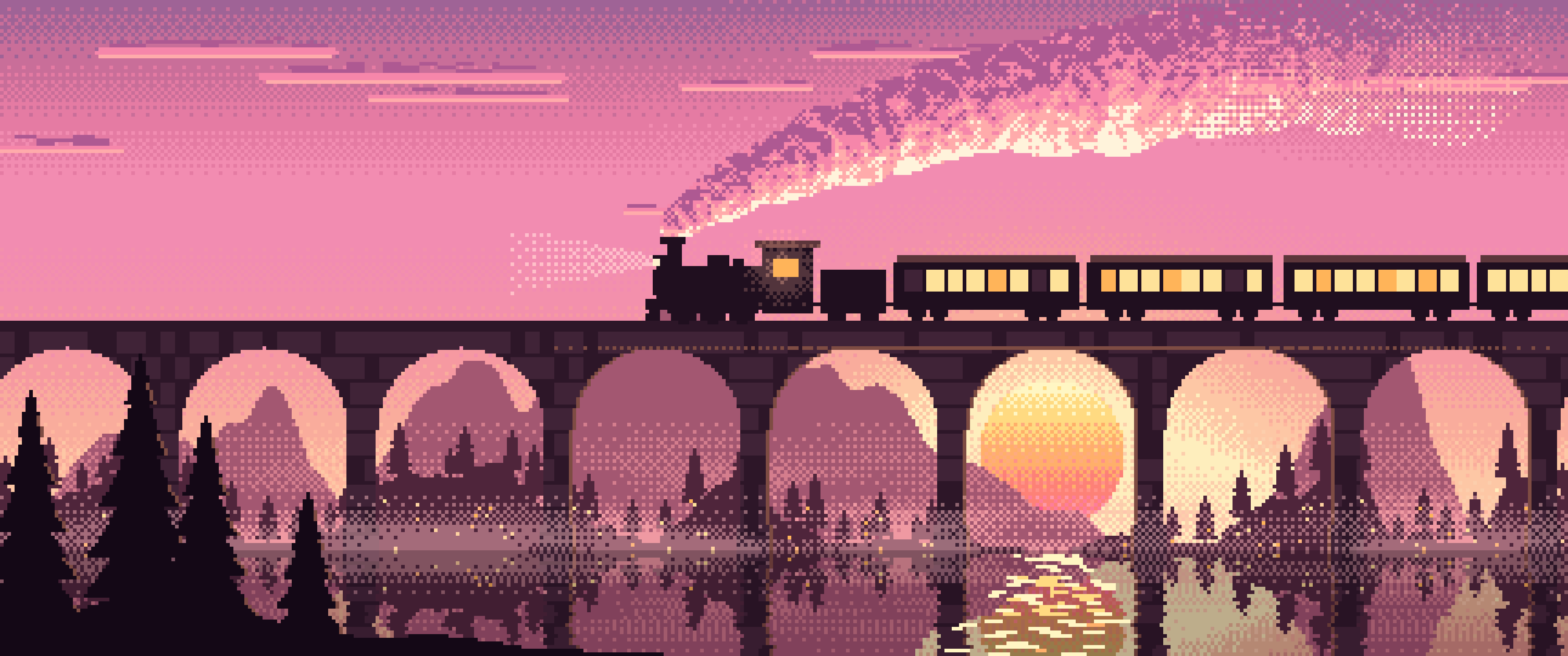 Pink Pixel Art Steam Train on a Viaduct ultrawide wallpaper, 3440 × 1440