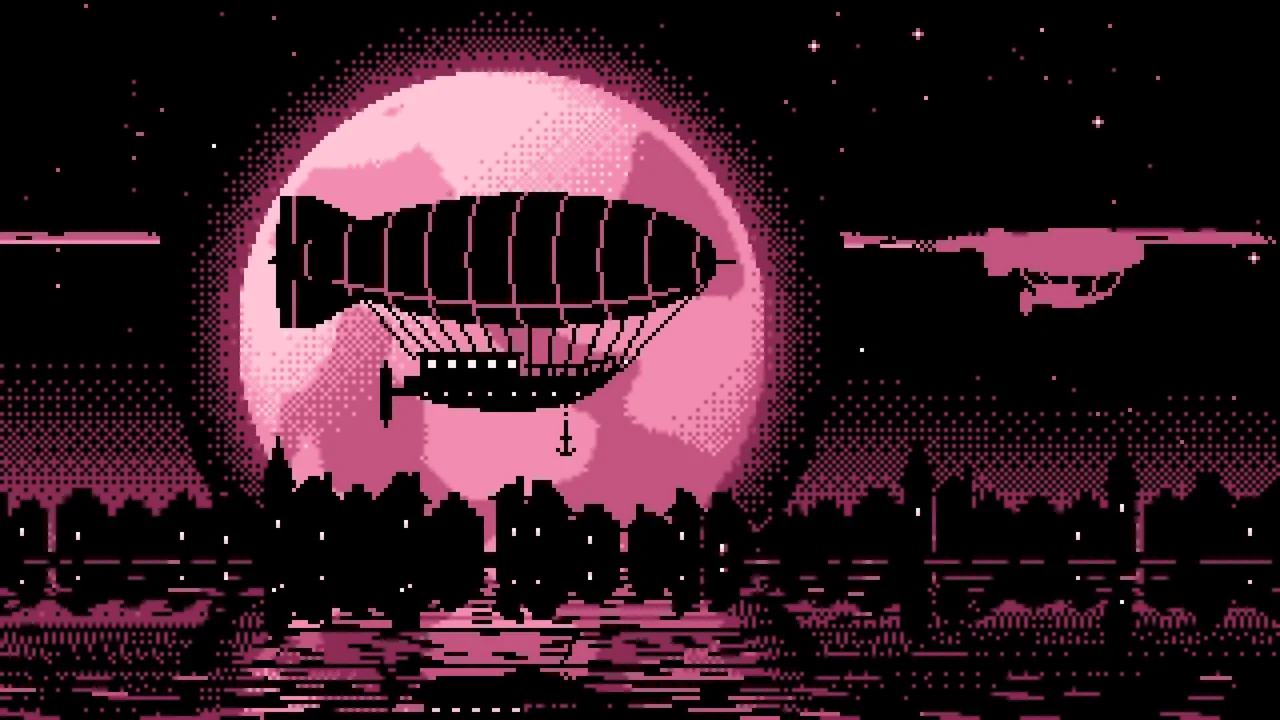 Pink Pixel Art Steampunk Airship and Full Moon desktop wallpaper in 4K
