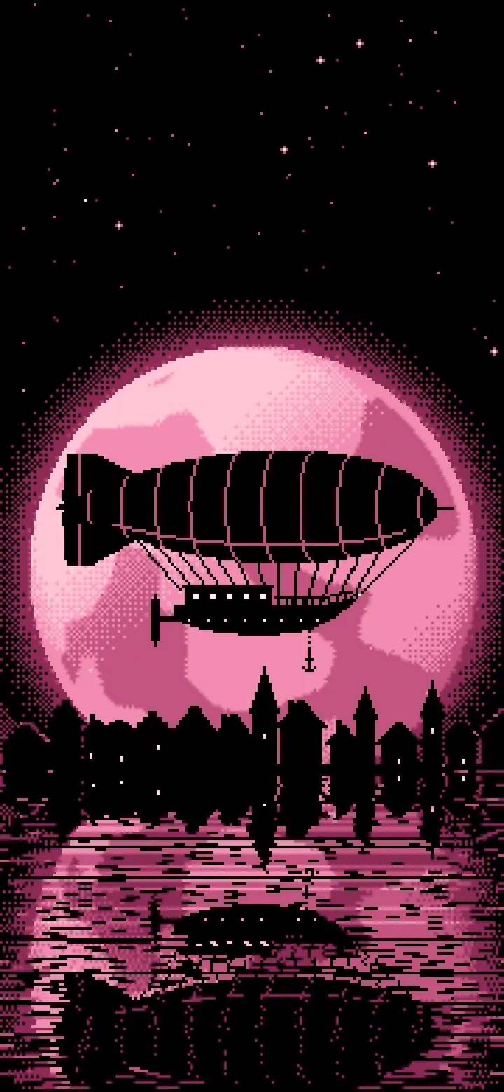 Pink Pixel Art Steampunk Airship and Full Moon wallpaper for iPhone and Android