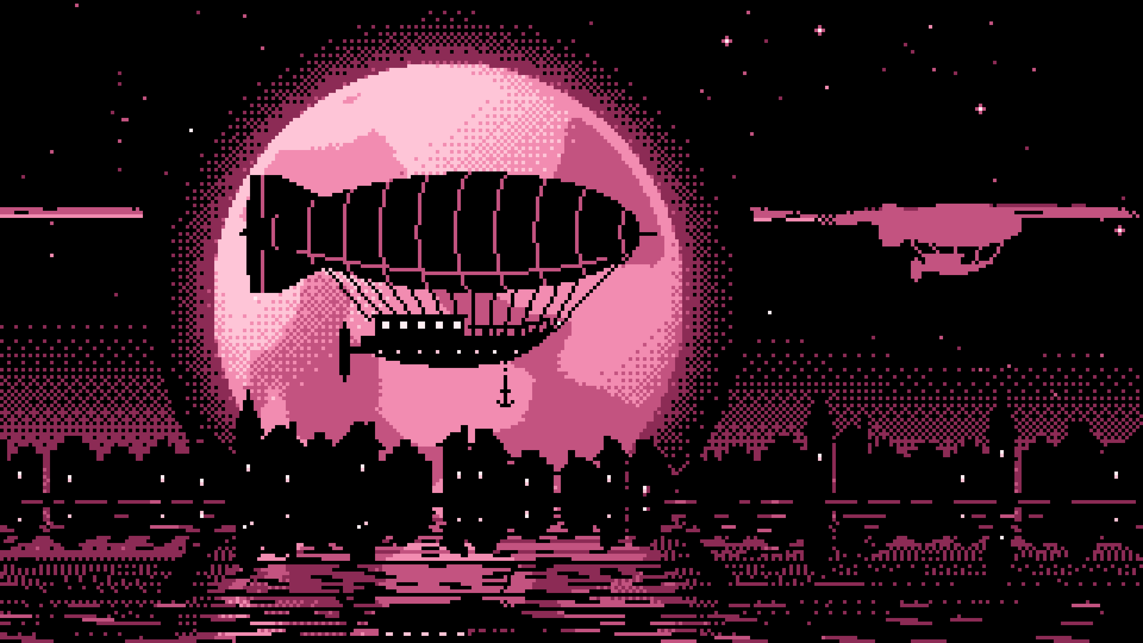 Pink Pixel Art Steampunk Airship and Full Moon desktop wallpaper in 4K