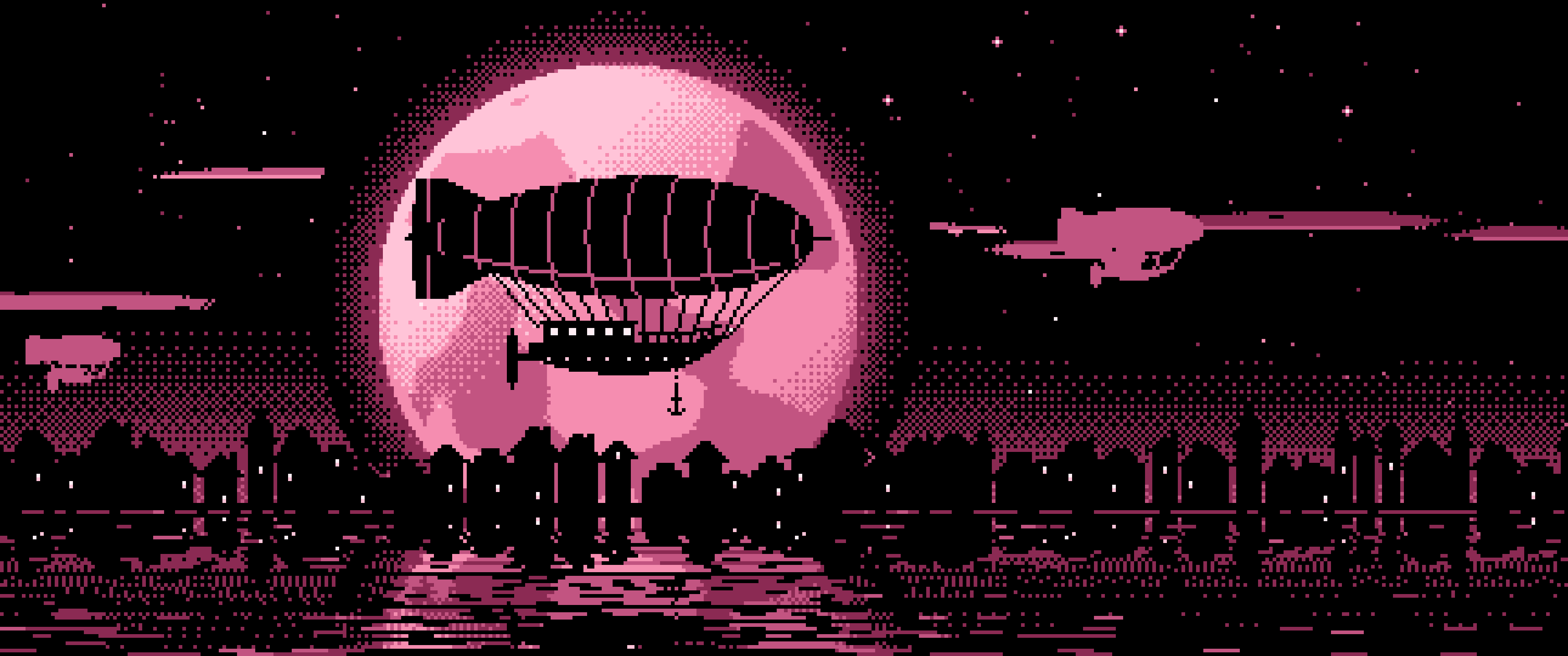 Pink Pixel Art Steampunk Airship and Full Moon ultrawide wallpaper, 3440 × 1440