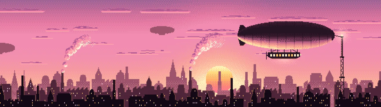 Pink Pixel Art Steampunk Airship at Sunset dual monitor wallpaper, 7680 × 2160