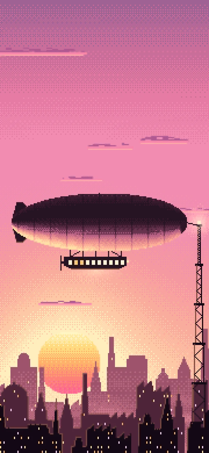 Pink Pixel Art Steampunk Airship at Sunset wallpaper for iPhone and Android
