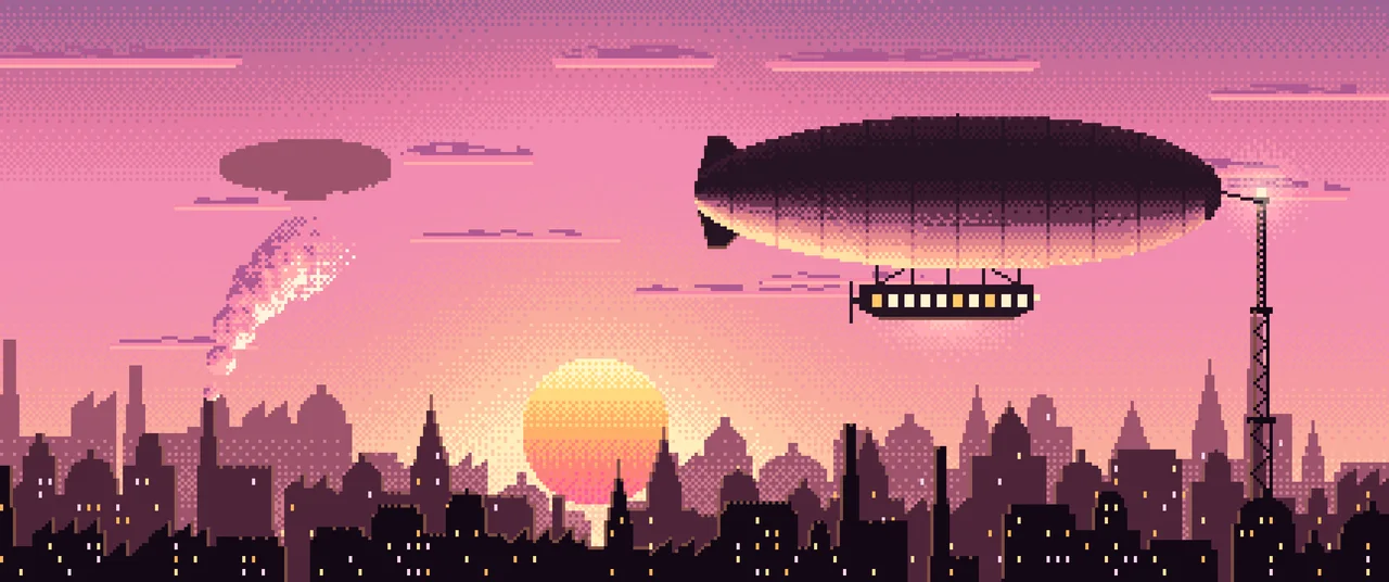 Pink Pixel Art Steampunk Airship at Sunset ultrawide wallpaper, 3440 × 1440