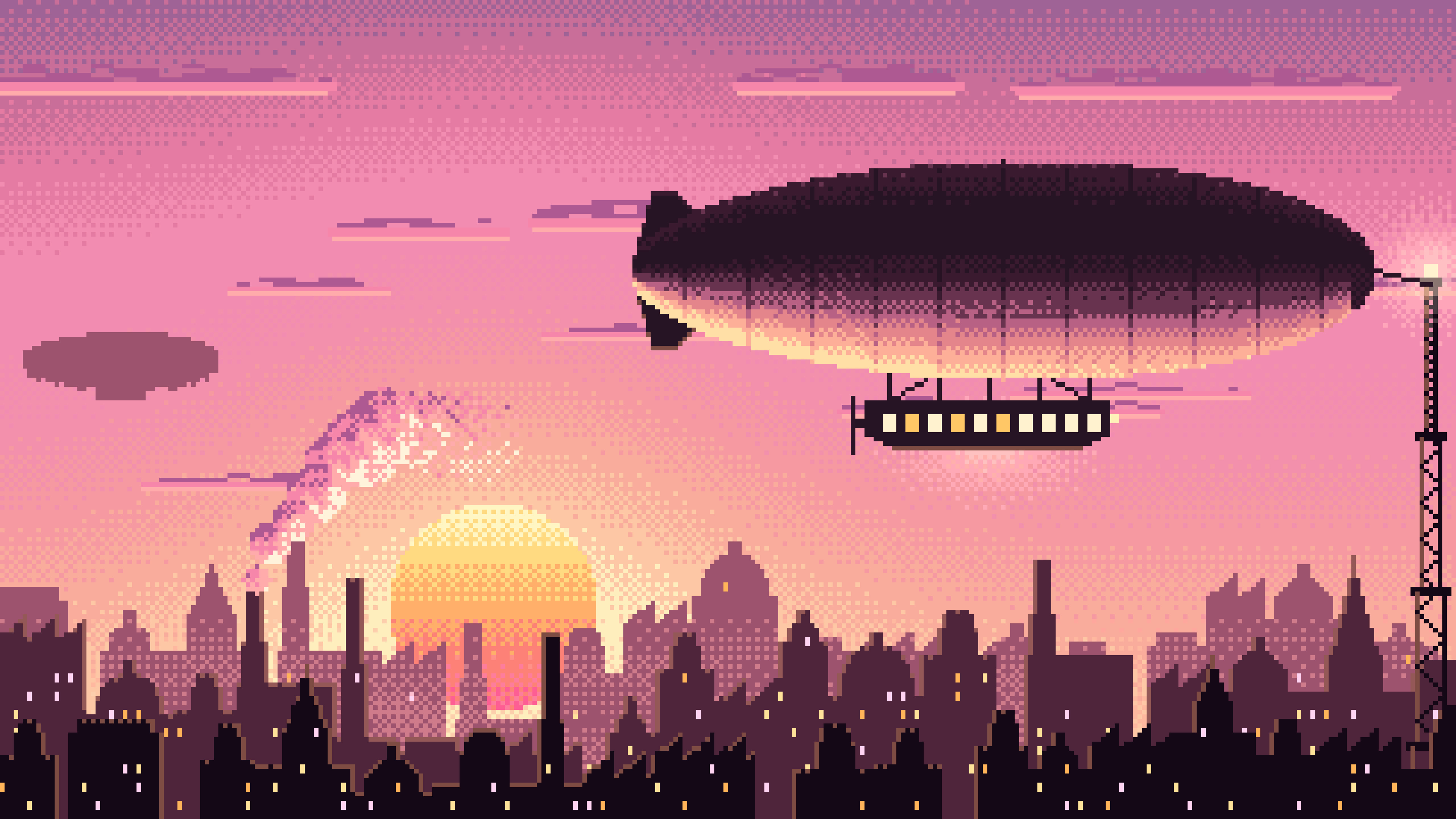 Pink Pixel Art Steampunk Airship at Sunset desktop wallpaper in 4K