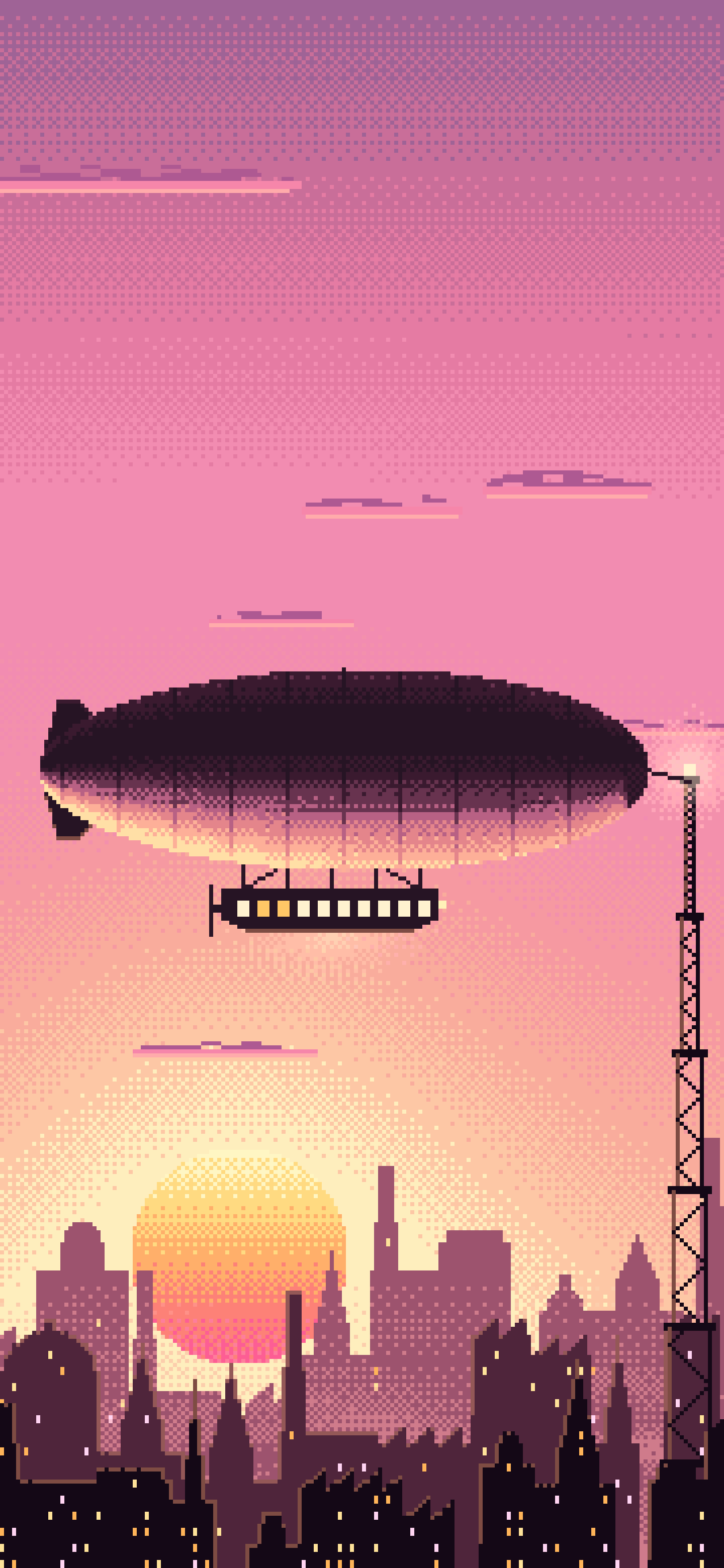 Pink Pixel Art Steampunk Airship at Sunset wallpaper for iPhone and Android