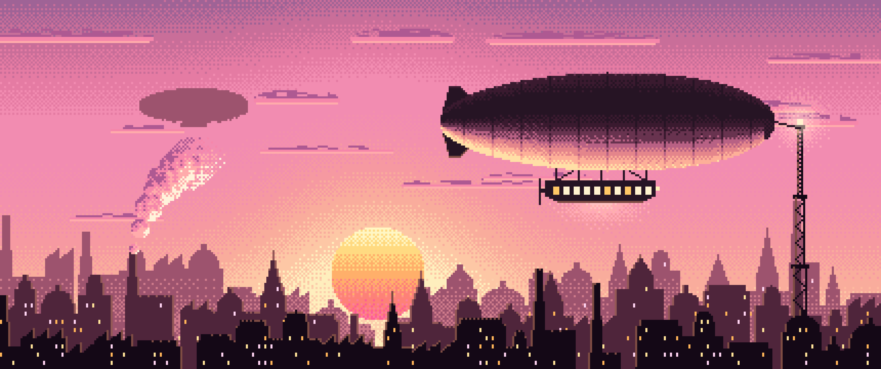 Pink Pixel Art Steampunk Airship at Sunset ultrawide wallpaper, 3440 × 1440