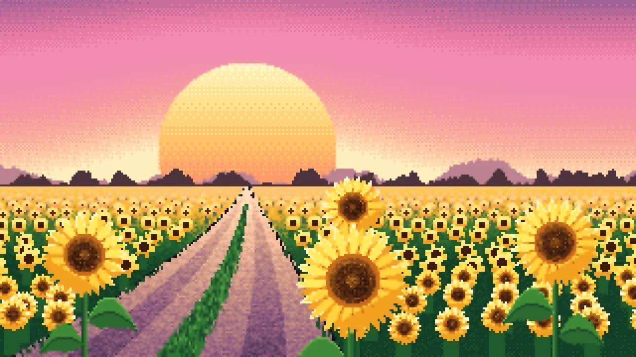 Pink Pixel Art Sunflower Field Road at Sunset desktop wallpaper in 4K