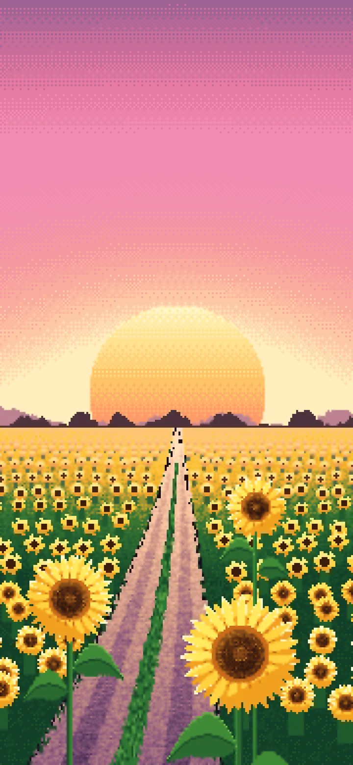 Pink Pixel Art Sunflower Field Road at Sunset wallpaper for iPhone and Android