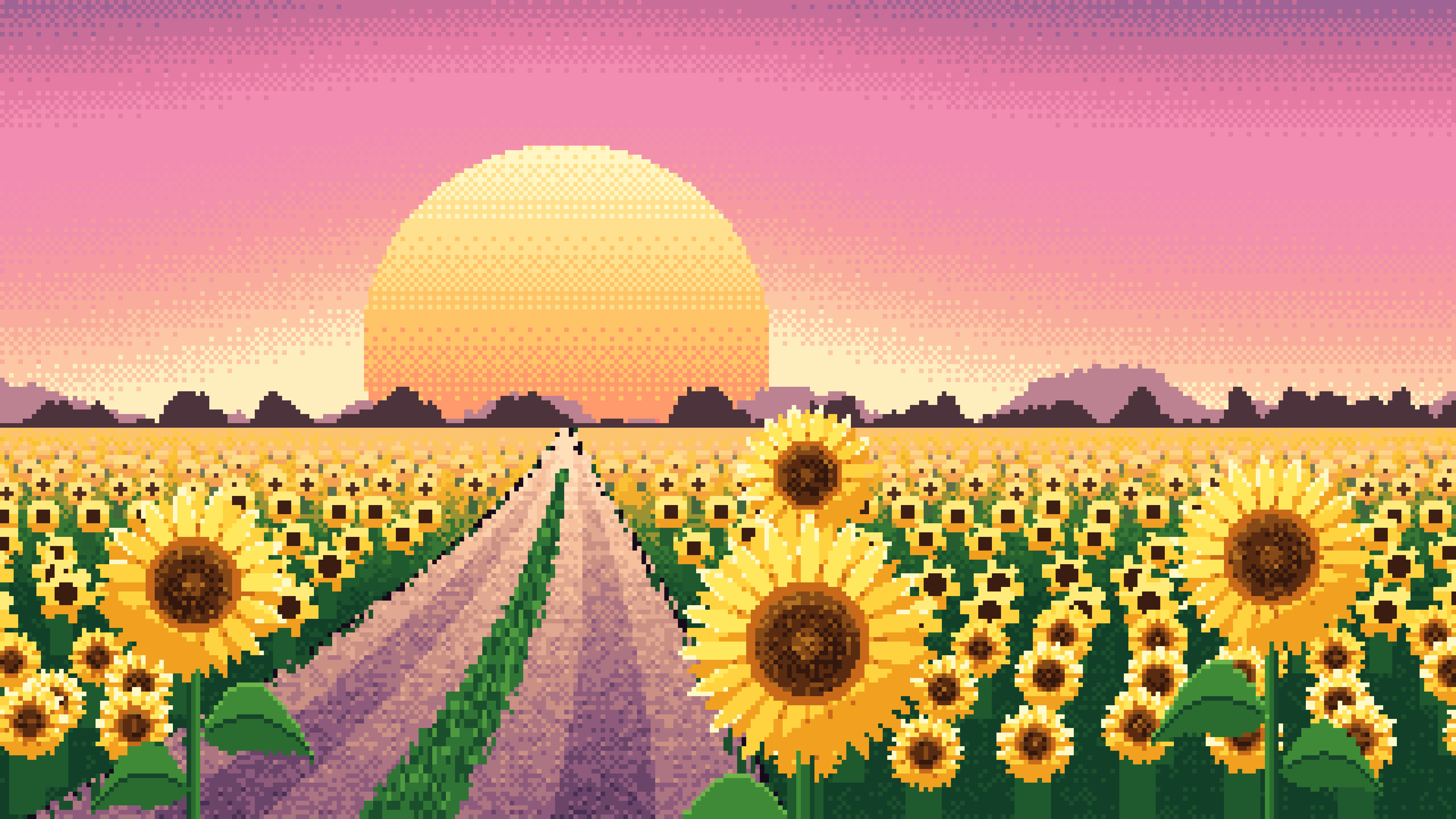 Pink Pixel Art Sunflower Field Road at Sunset desktop wallpaper in 4K