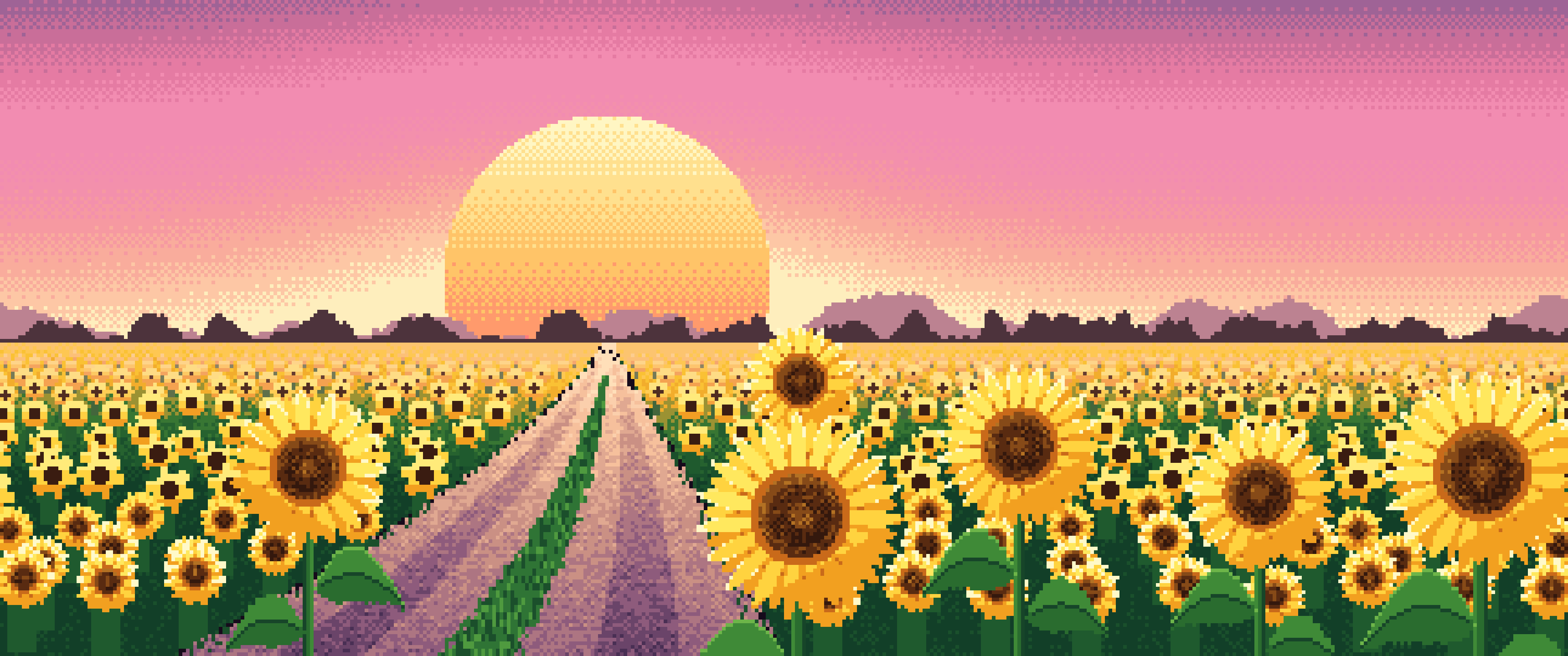 Pink Pixel Art Sunflower Field Road at Sunset ultrawide wallpaper, 3440 × 1440