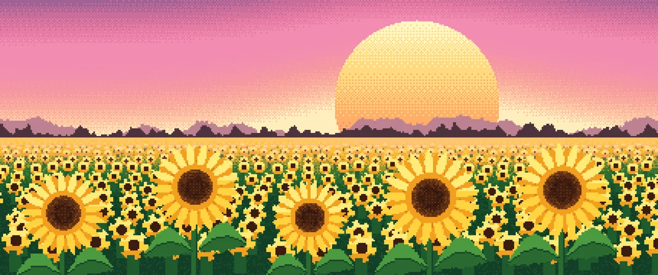 Pink Pixel Art Sunflower Field ultrawide wallpaper, 3440 × 1440