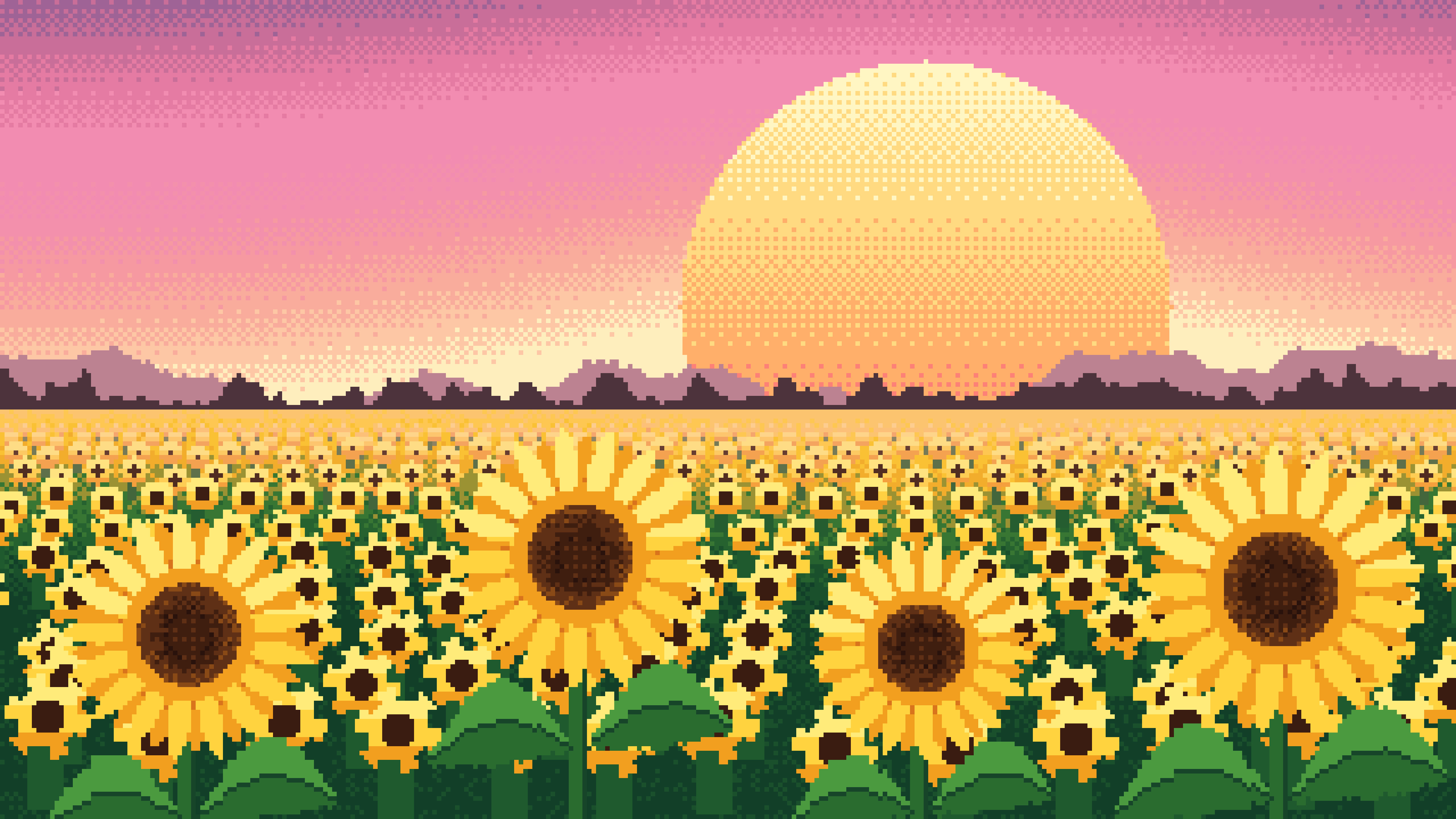 Pink Pixel Art Sunflower Field desktop wallpaper in 4K