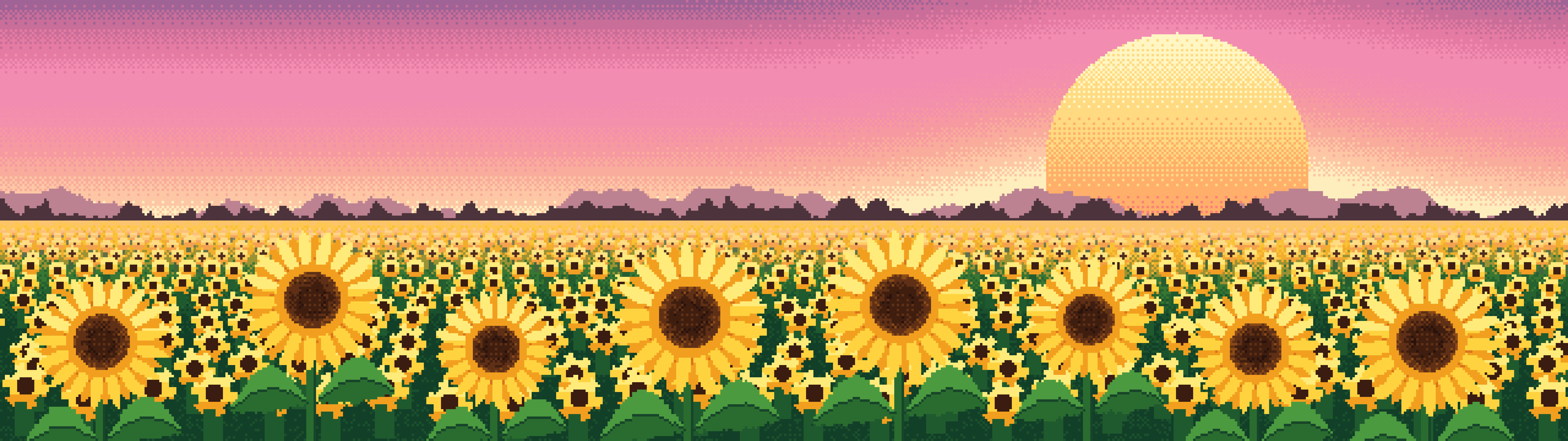Pink Pixel Art Sunflower Field dual monitor wallpaper, 7680 × 2160