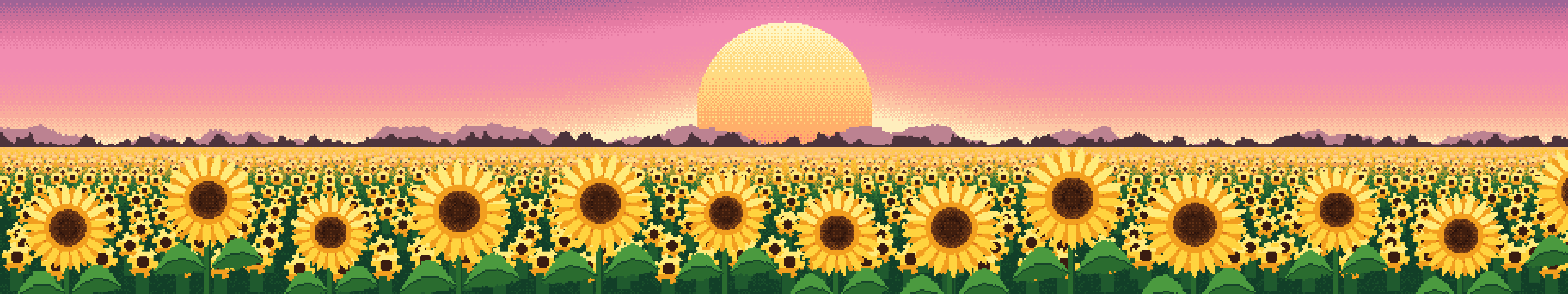 Pink Pixel Art Sunflower Field triple monitor wallpaper, 7680 × 1440