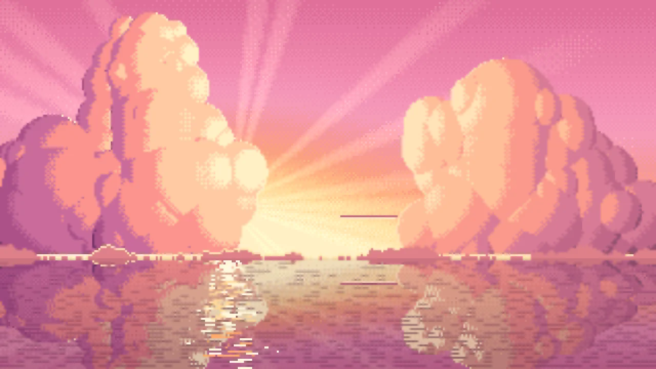 Pink Pixel Art Sunset Clouds Over the Ocean desktop wallpaper in 4K