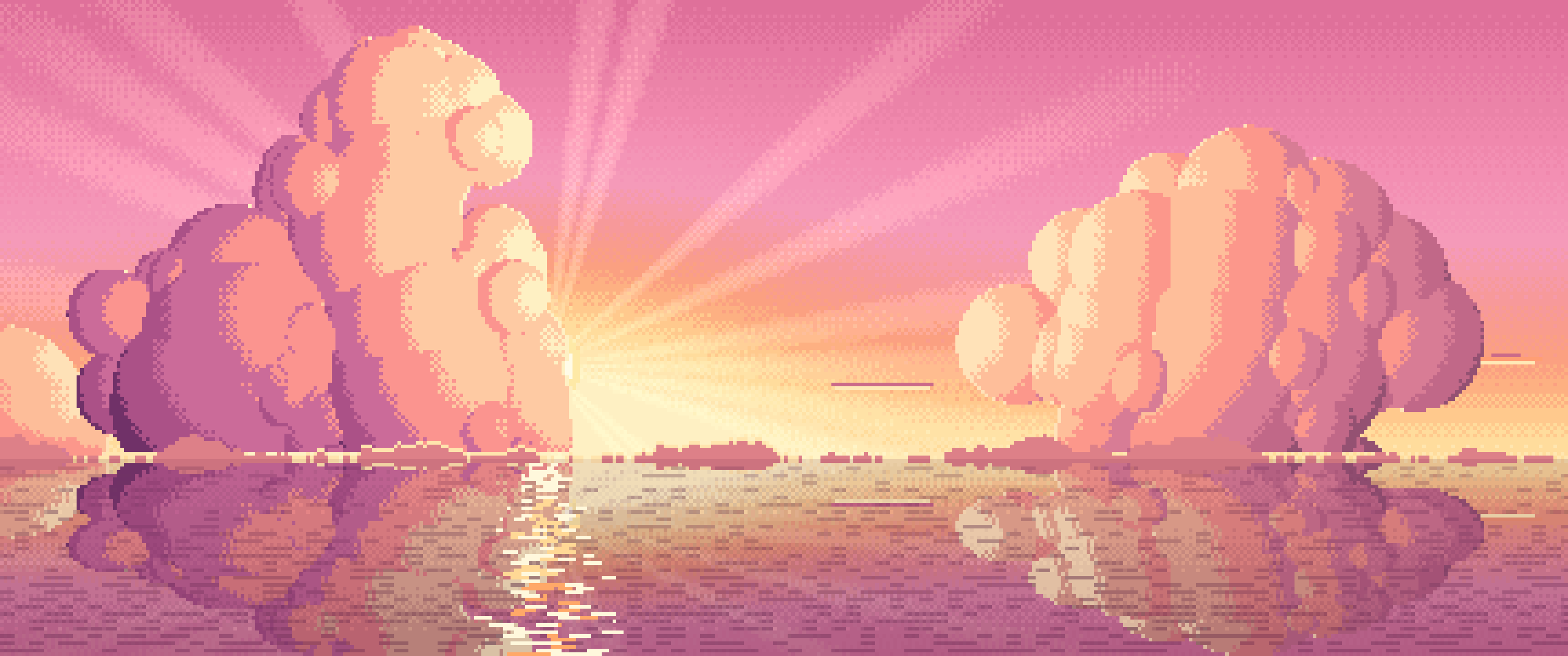 Pink Pixel Art Sunset Clouds Over the Ocean ultrawide wallpaper, 3440 × 1440