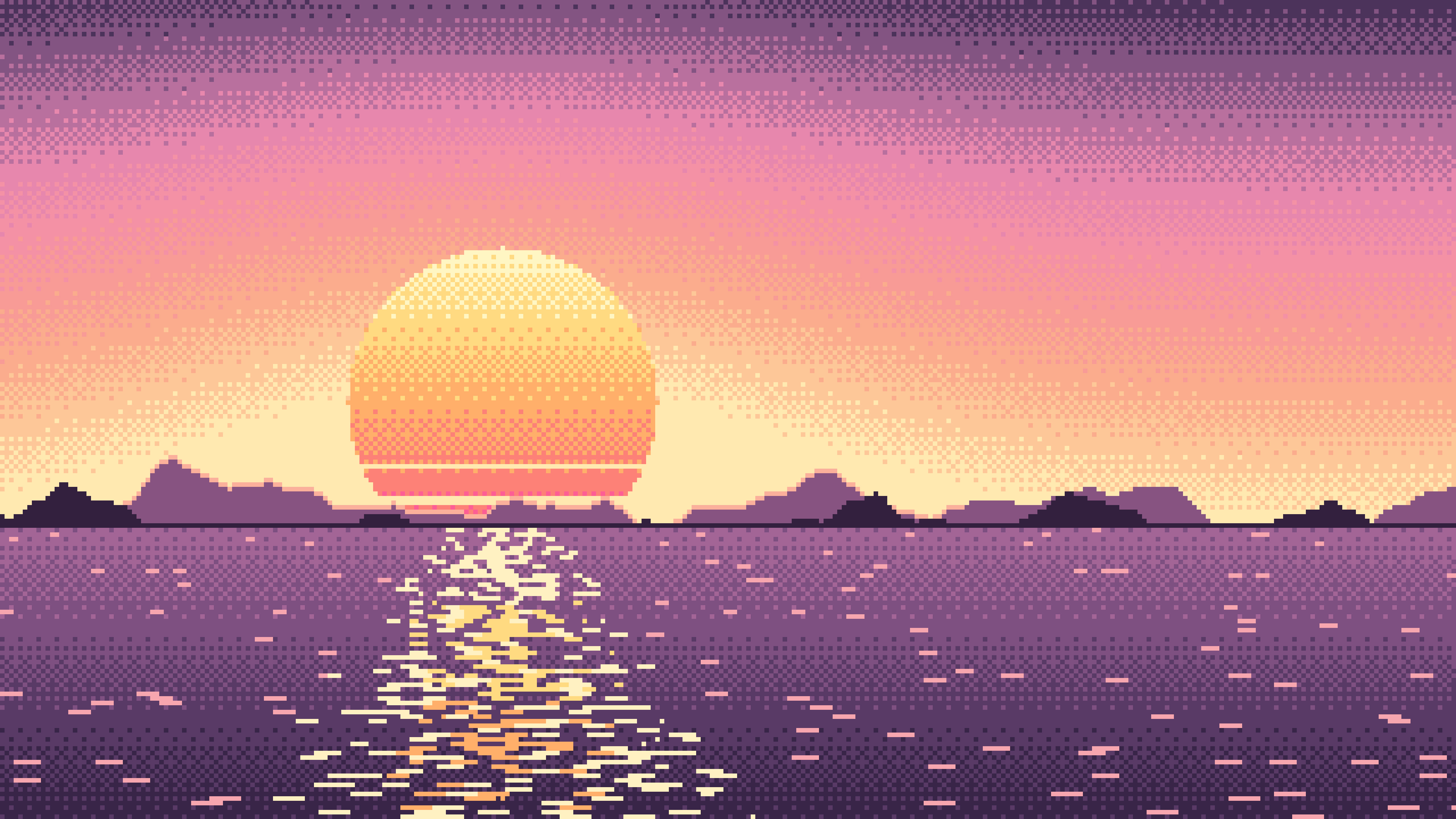 Pink Pixel Art Sunset desktop wallpaper in 4K