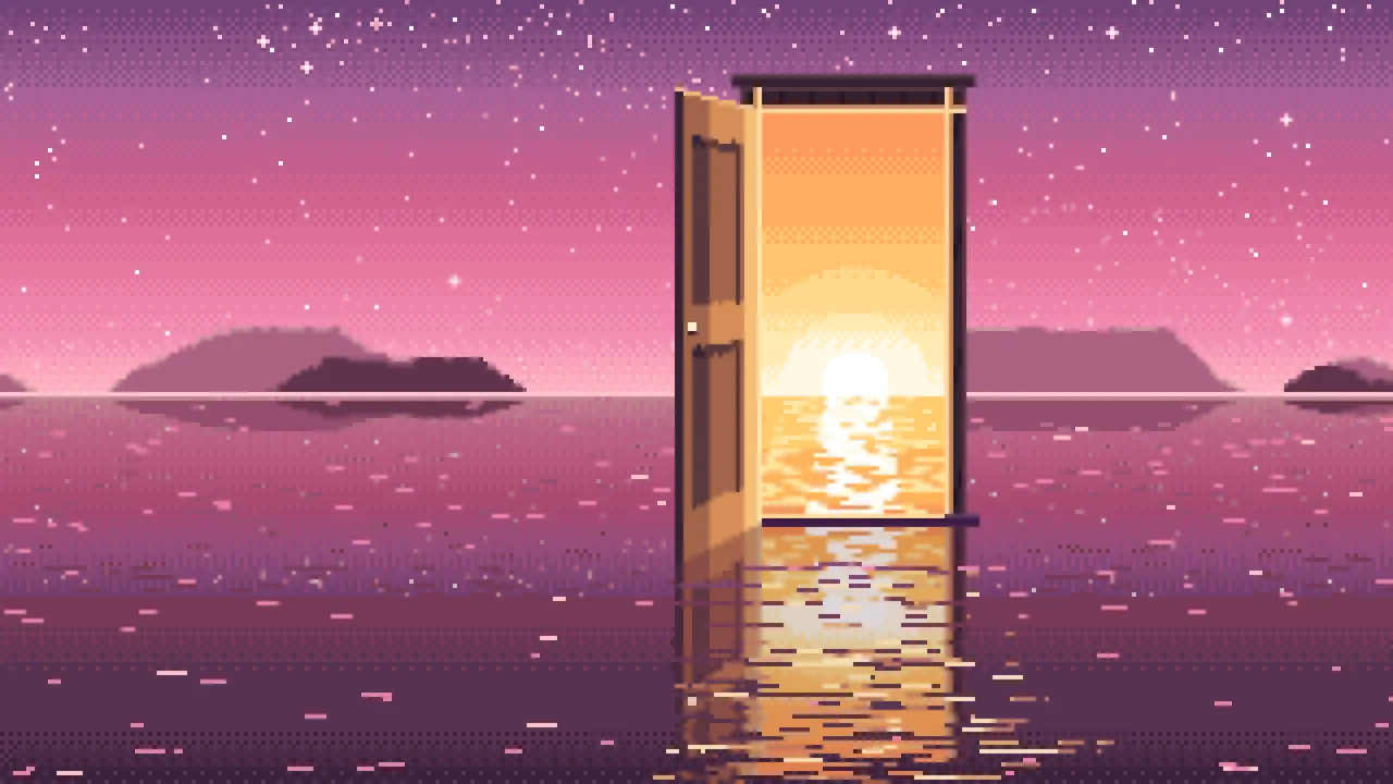 Pink Pixel Art Surreal Door on a Lake at Night desktop wallpaper in 4K