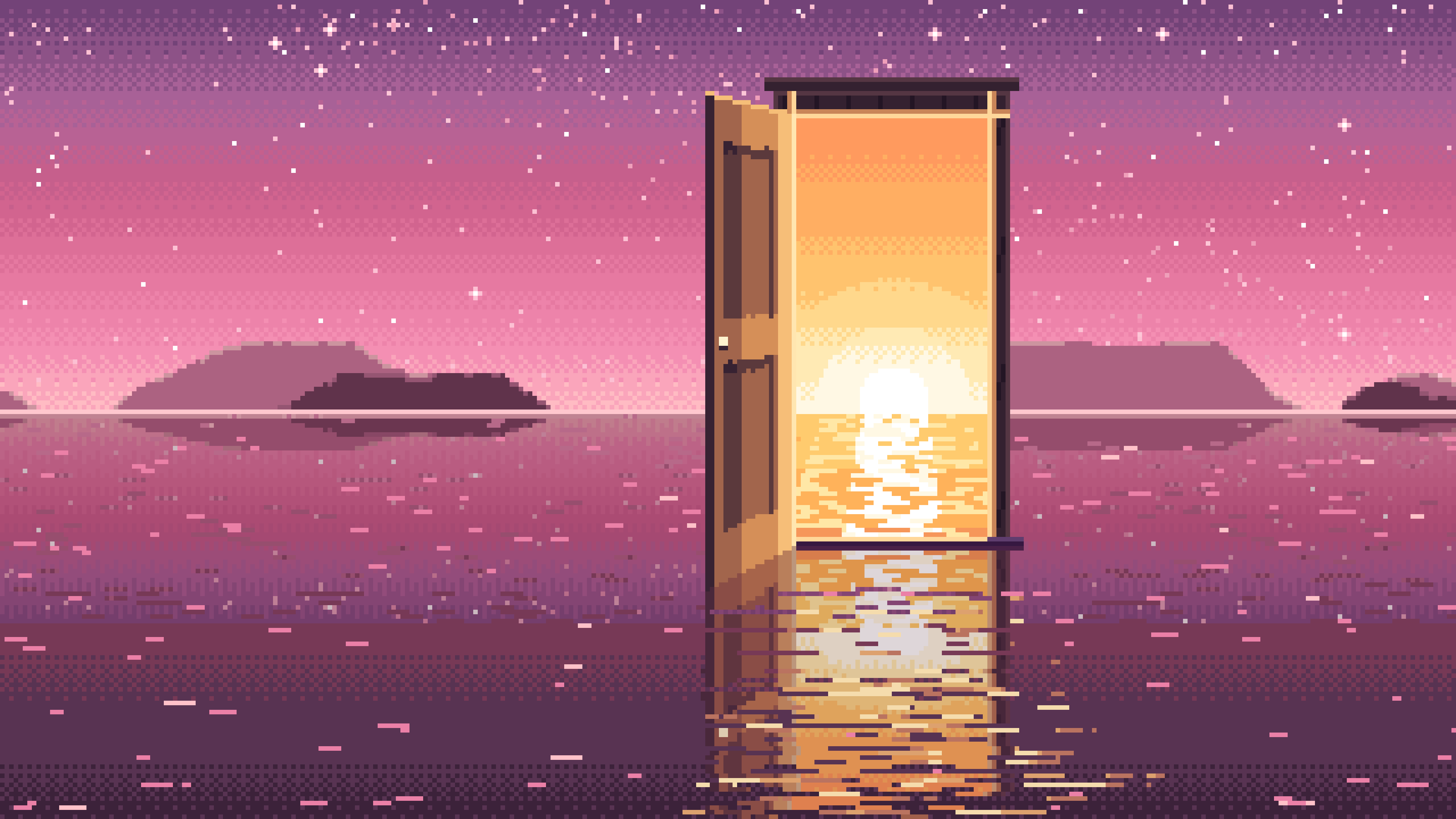 Pink Pixel Art Surreal Door on a Lake at Night desktop wallpaper in 4K