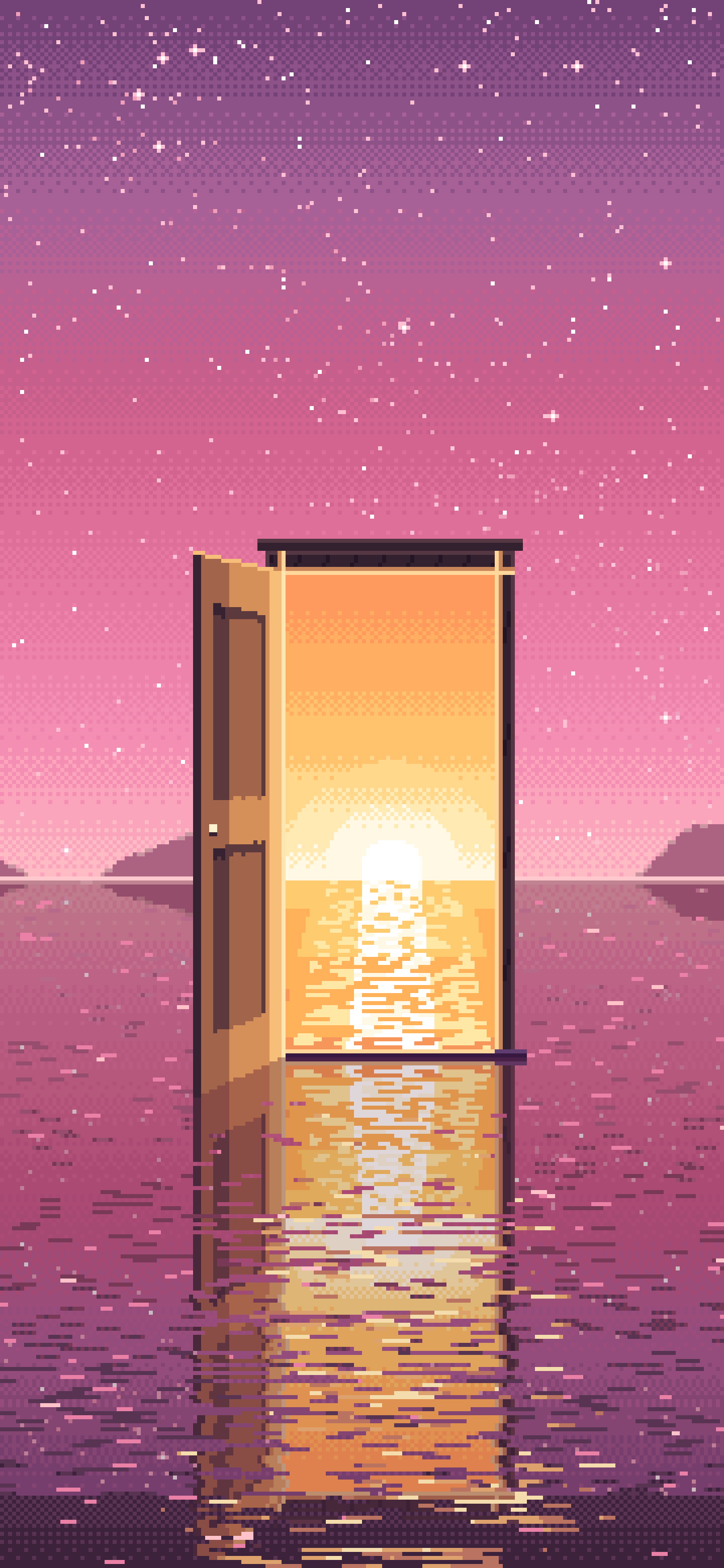 Pink Pixel Art Surreal Door on a Lake at Night wallpaper for iPhone and Android