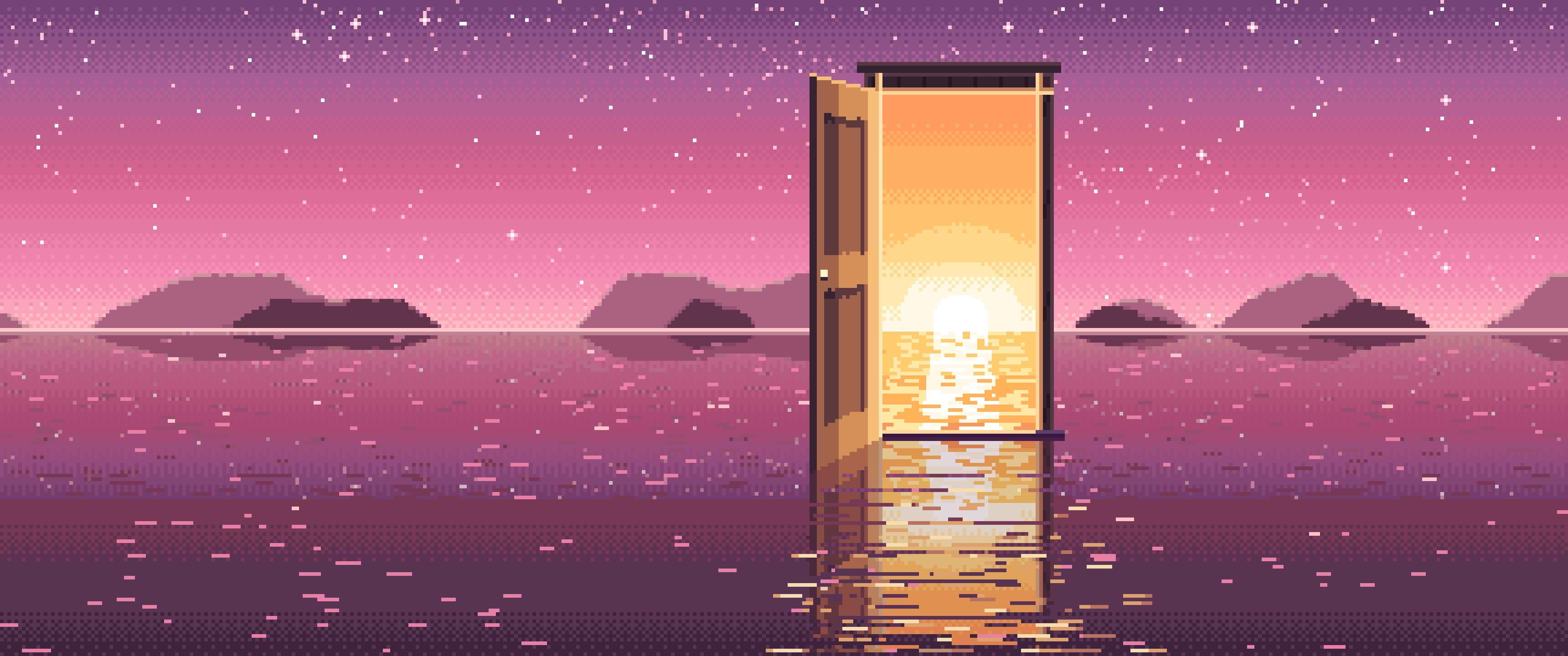 Pink Pixel Art Surreal Door on a Lake at Night ultrawide wallpaper, 3440 × 1440