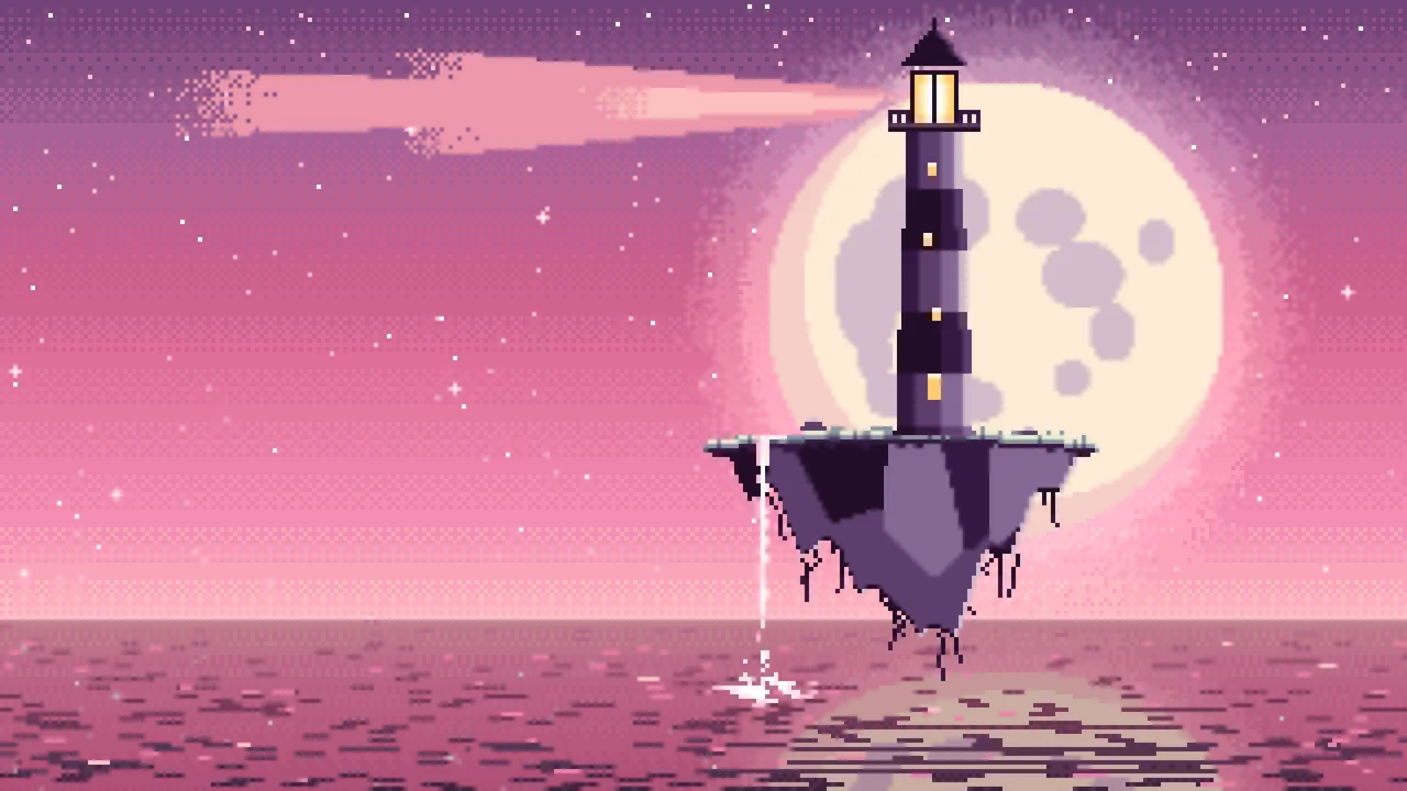 Pink Pixel Art Surreal Lighthouse on a Floating Island desktop wallpaper in 4K