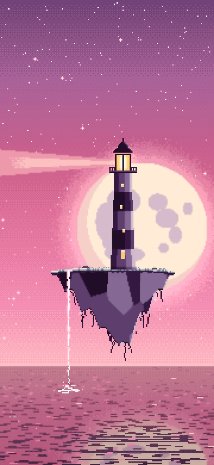 Pink Pixel Art Surreal Lighthouse on a Floating Island wallpaper for iPhone and Android