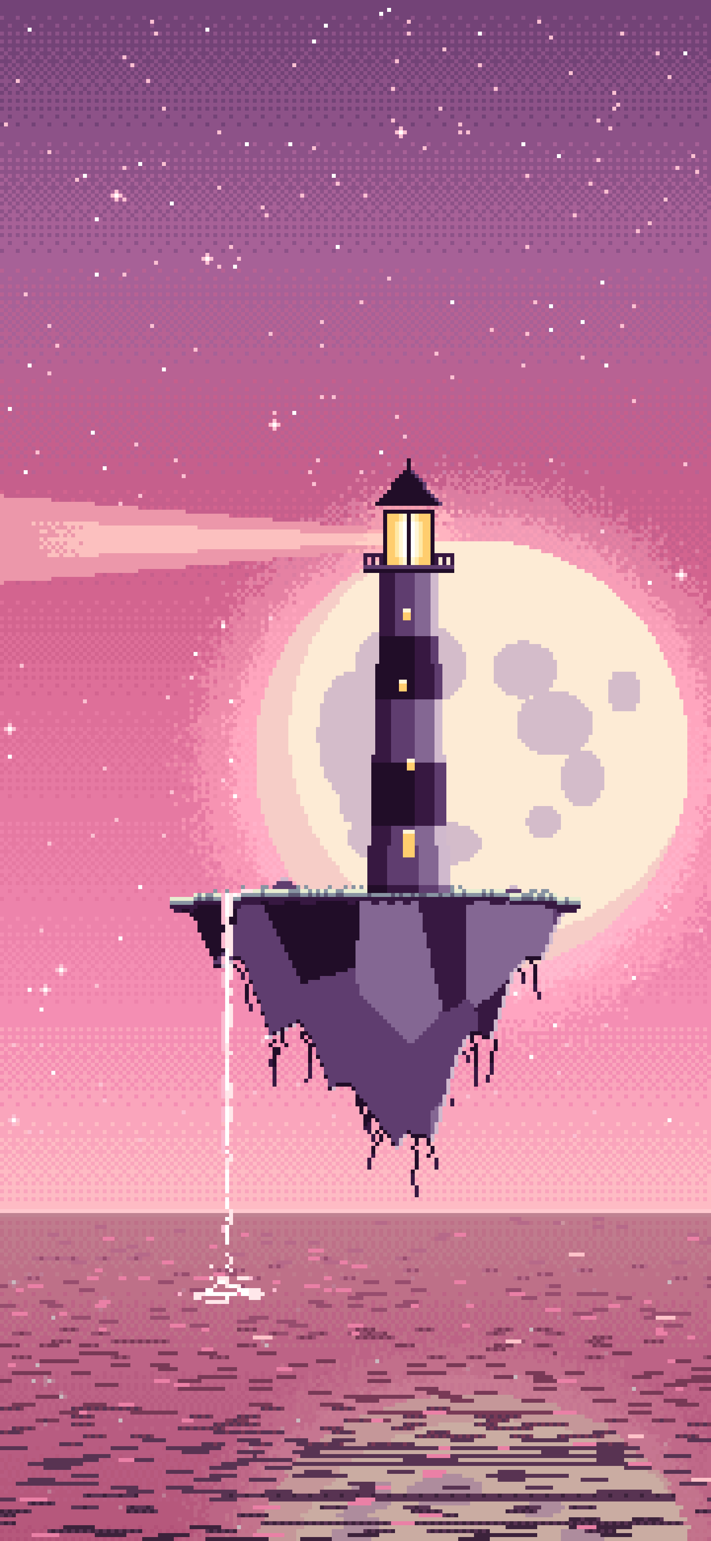 Pink Pixel Art Surreal Lighthouse on a Floating Island wallpaper for iPhone and Android