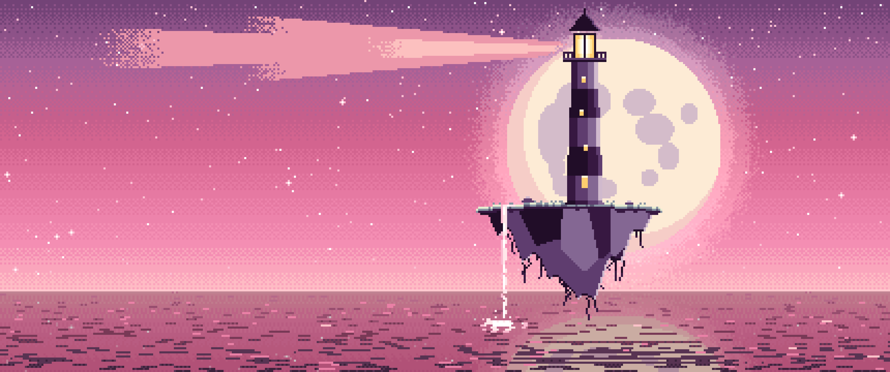 Pink Pixel Art Surreal Lighthouse on a Floating Island ultrawide wallpaper, 3440 × 1440