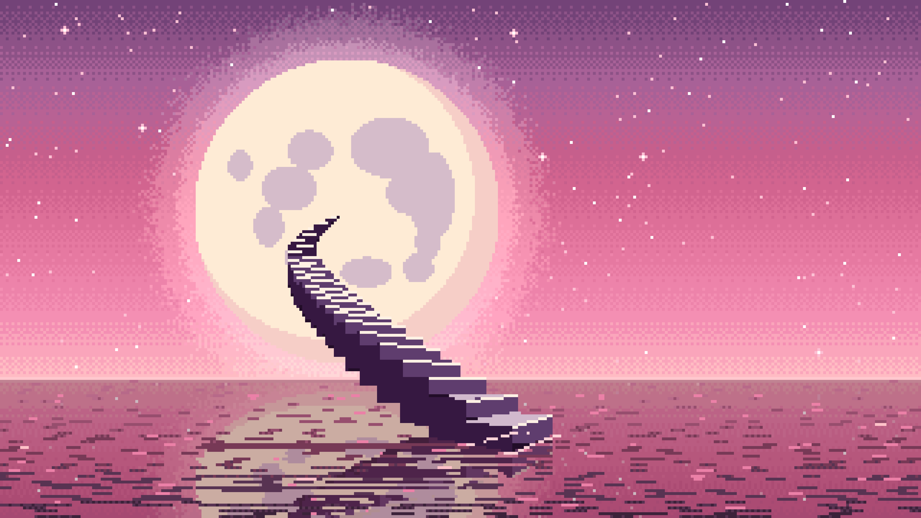 Pink Pixel Art Surreal Stairway to the Moon desktop wallpaper in 4K
