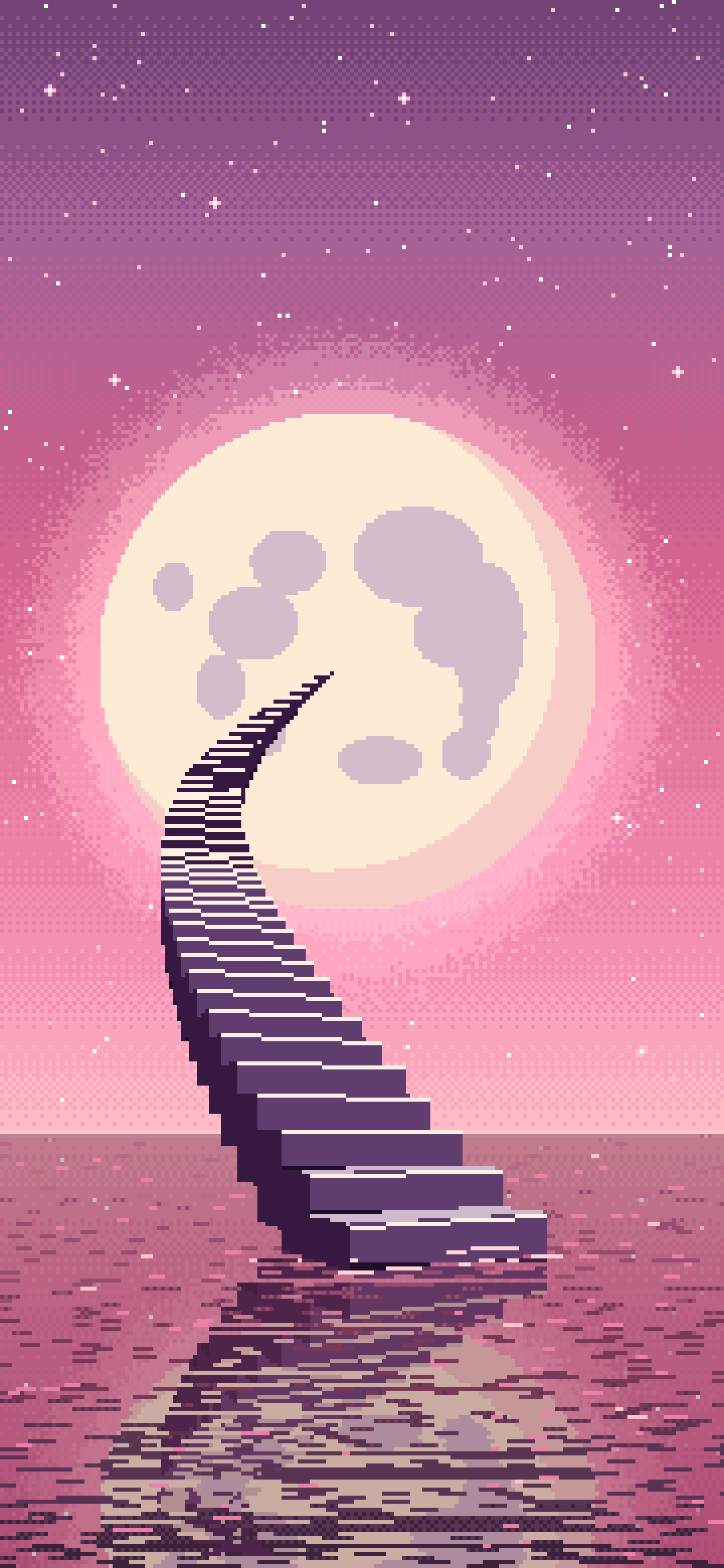 Pink Pixel Art Surreal Stairway to the Moon wallpaper for iPhone and Android