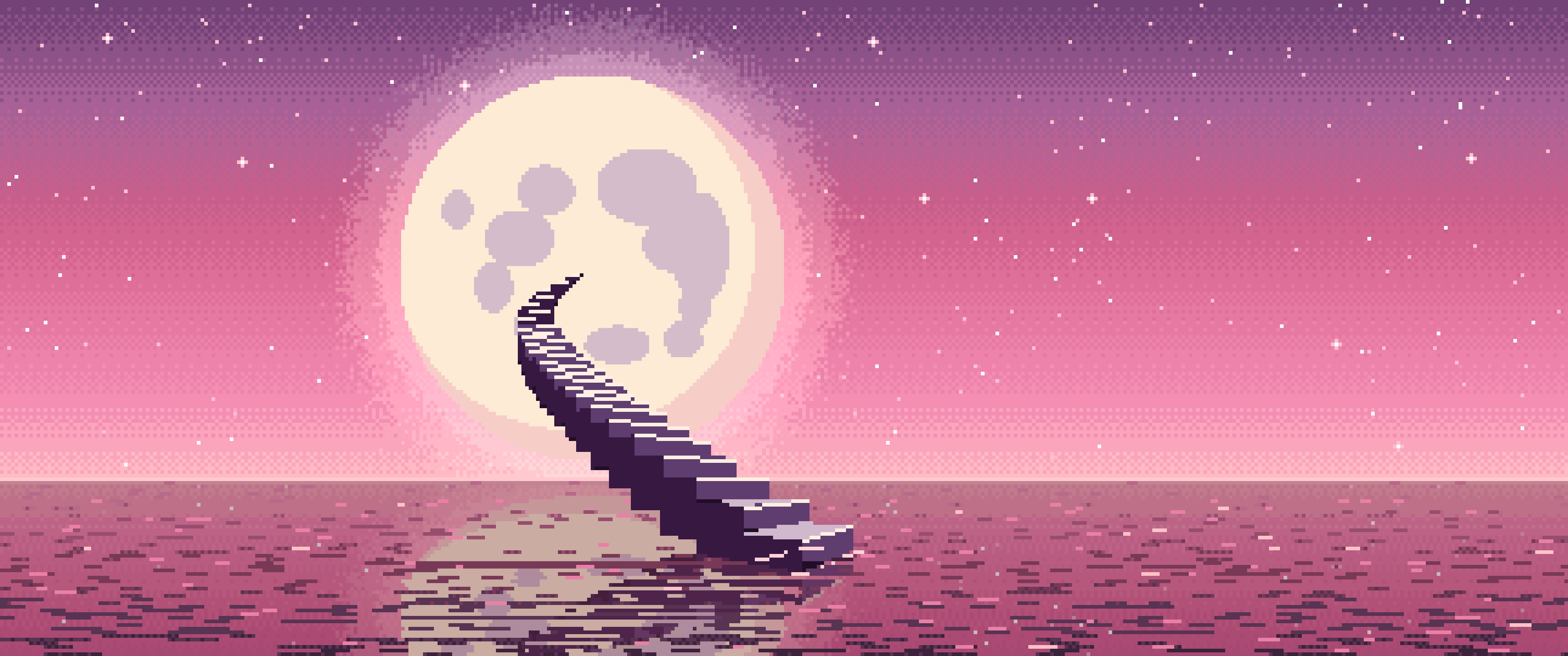 Pink Pixel Art Surreal Stairway to the Moon ultrawide wallpaper, 3440 × 1440