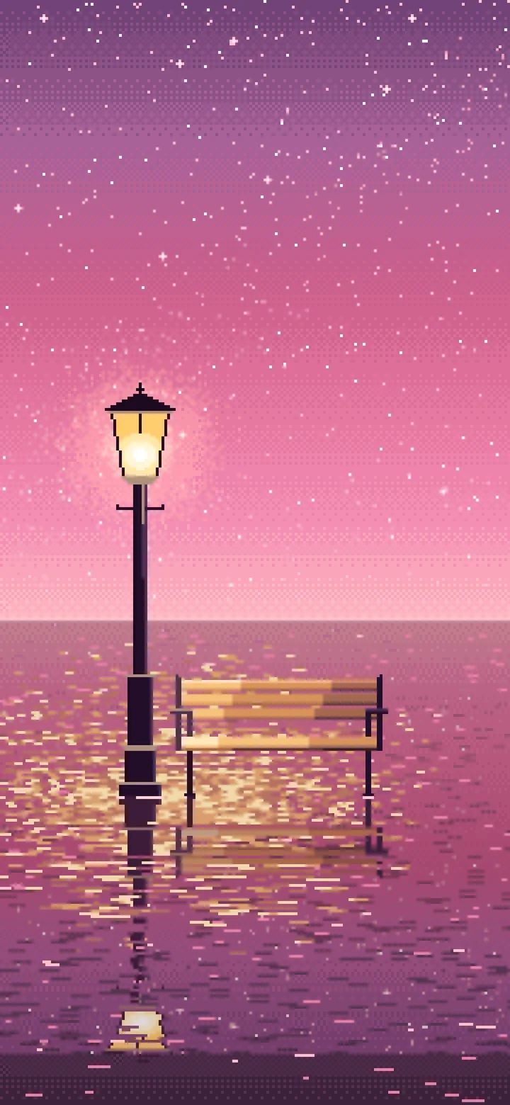 Pink Pixel Art Surreal Street Lamp and Bench on the Sea wallpaper for iPhone and Android