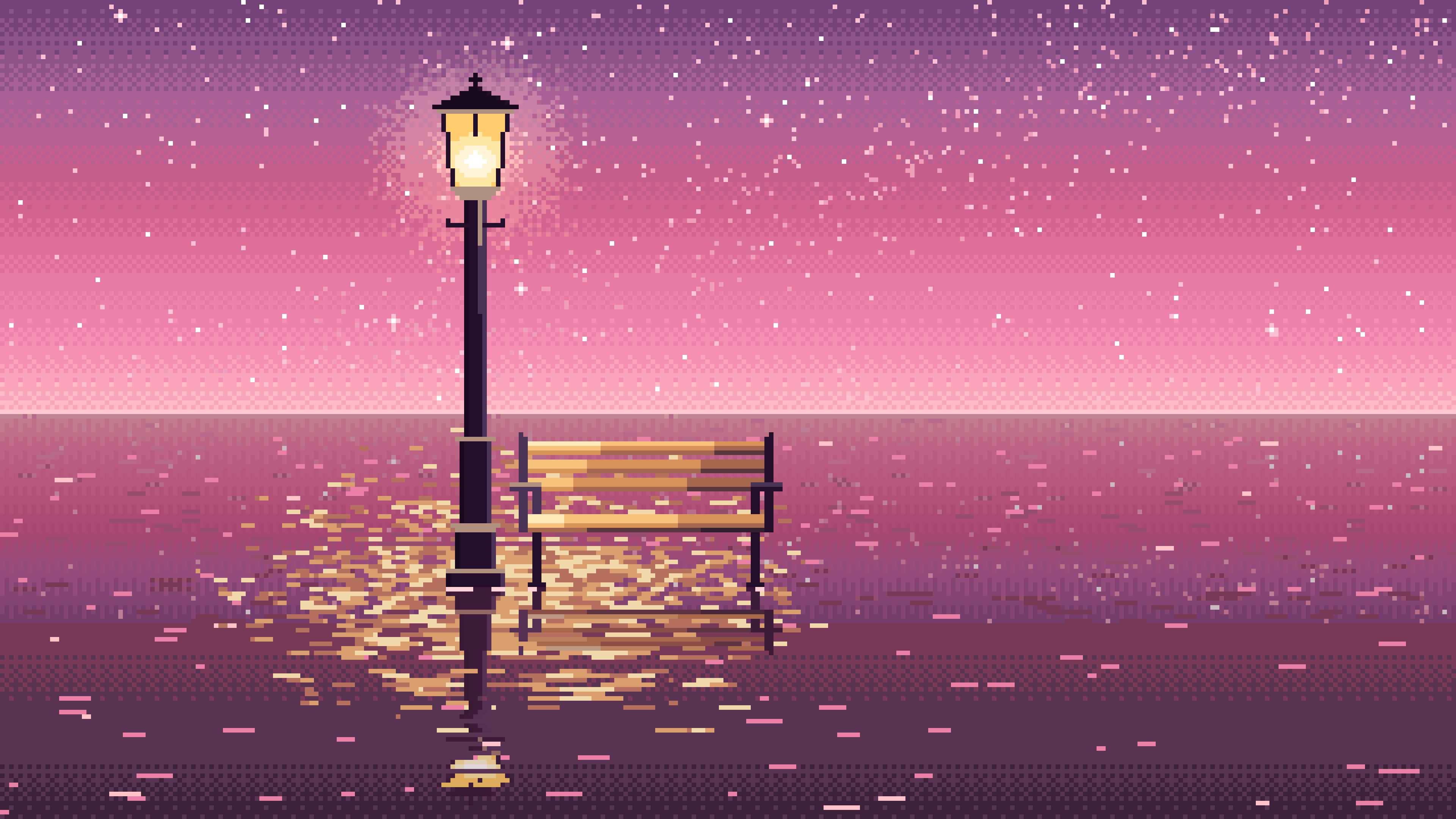 Pink Pixel Art Surreal Street Lamp and Bench on the Sea desktop wallpaper in 4K