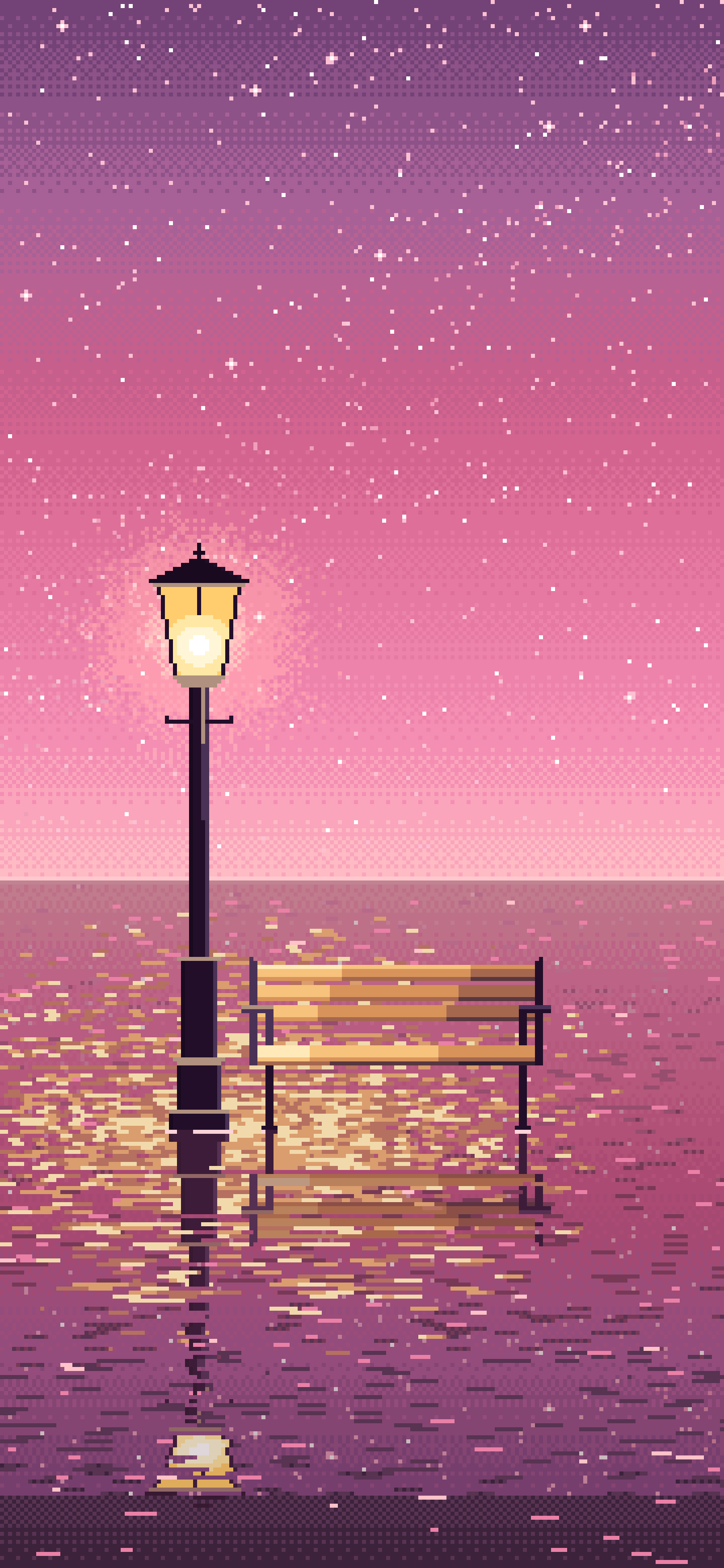 Pink Pixel Art Surreal Street Lamp and Bench on the Sea wallpaper for iPhone and Android